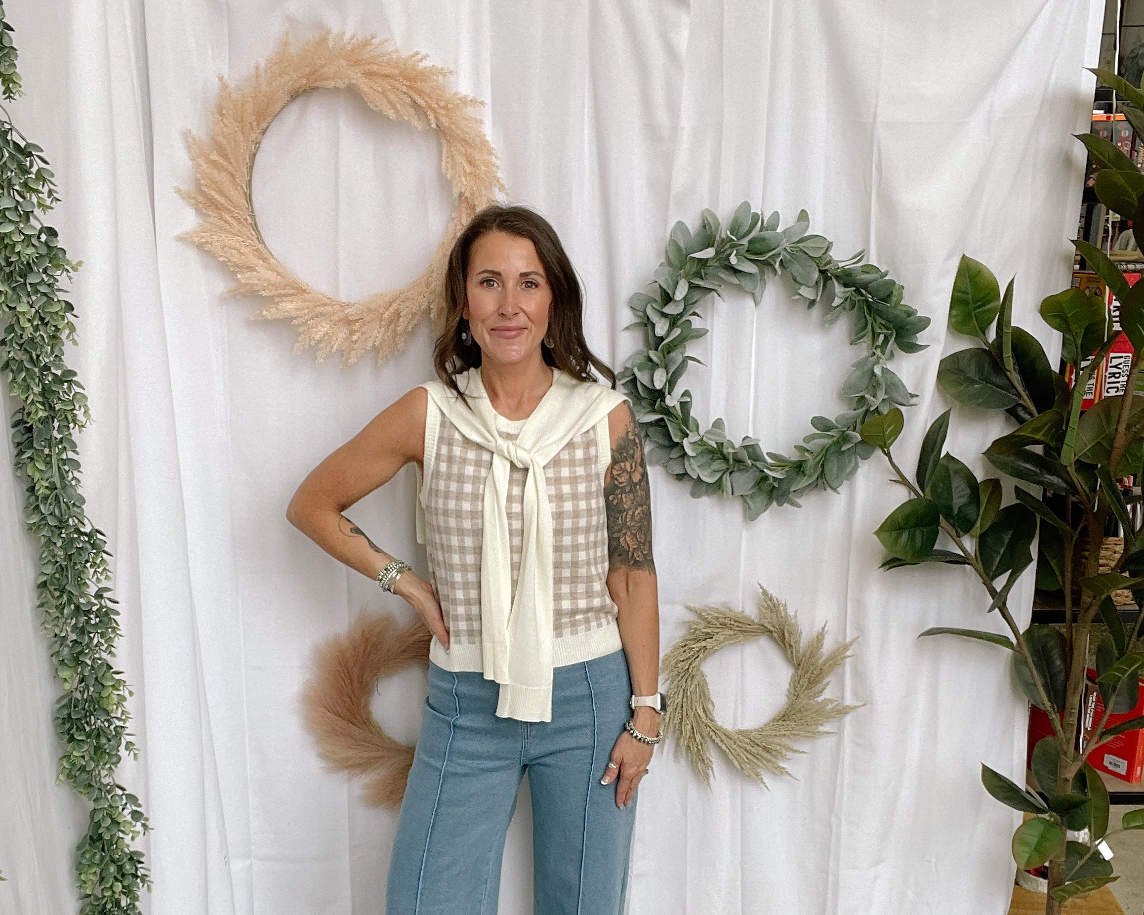Oatmeal Gingham Tank Sweater Top-Tank Tops-entro-The Silo Boutique, Women's Fashion Boutique Located in Warren and Grand Forks North Dakota
