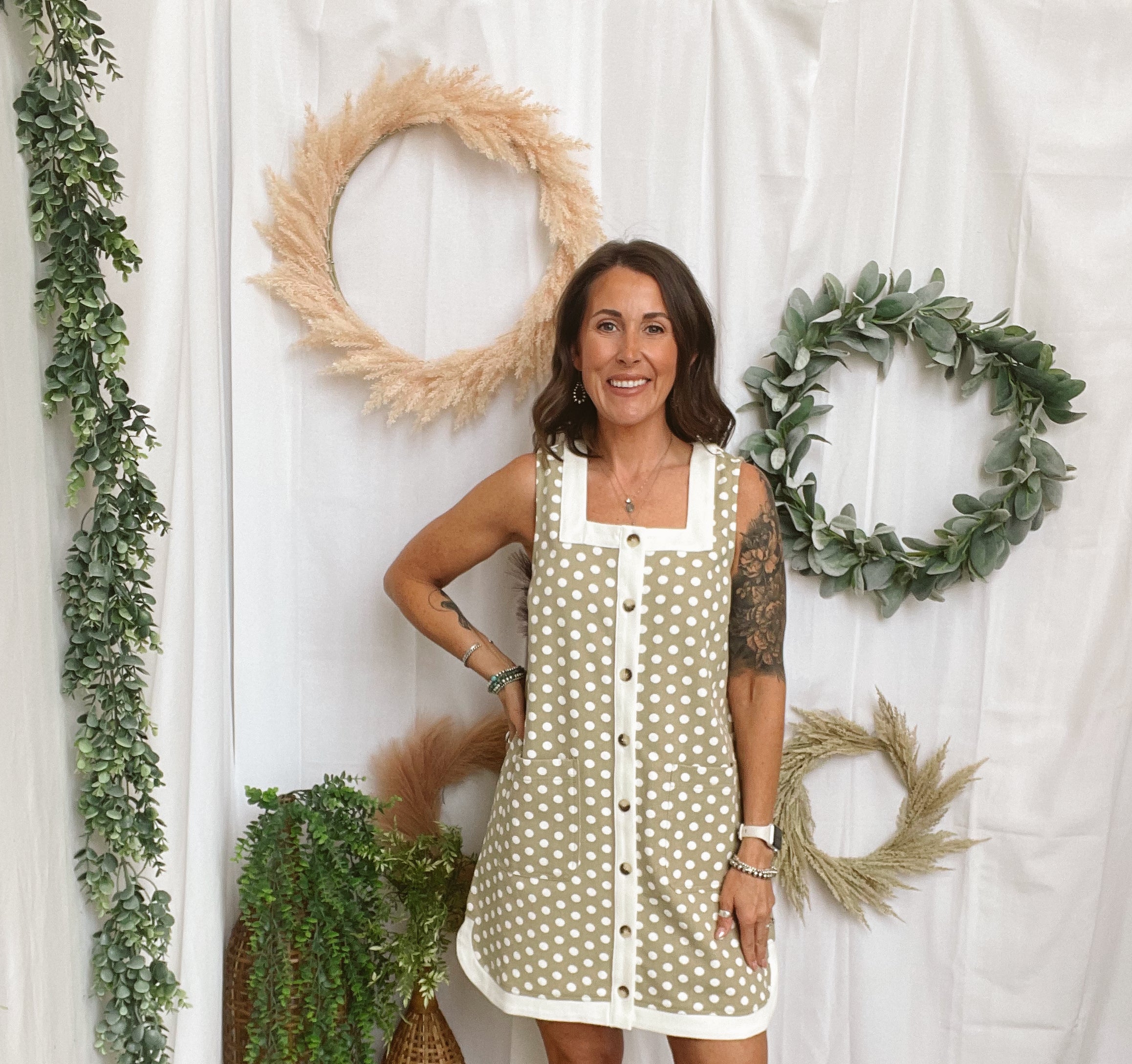Suzie Sand Polka Dot Dress-Dresses-ENTRO-The Silo Boutique, Women's Fashion Boutique Located in Warren and Grand Forks North Dakota