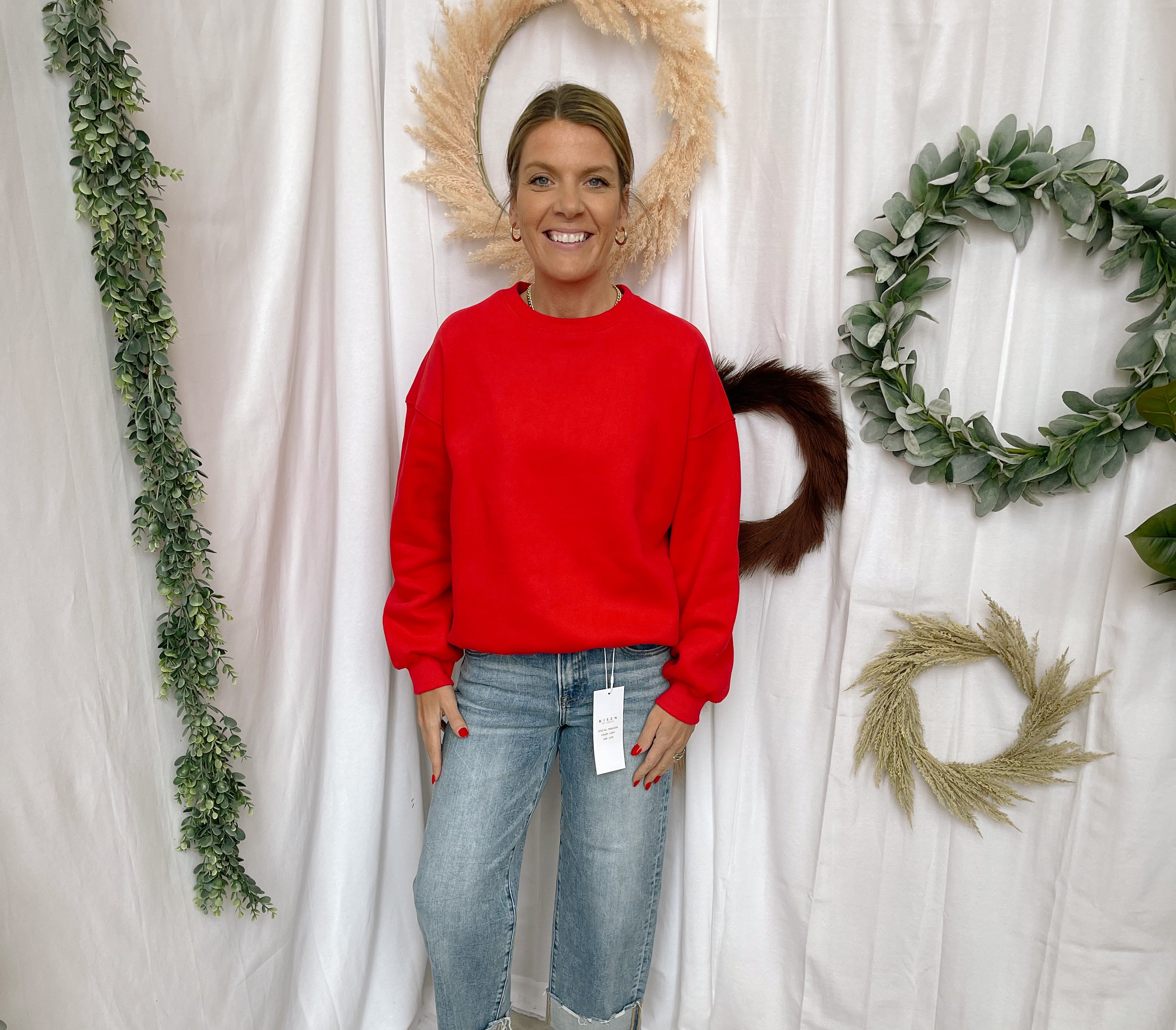 Varsity Crew Sweatshirt-Red-Sweatshirts-tictoc-The Silo Boutique, Women's Fashion Boutique Located in Warren and Grand Forks North Dakota