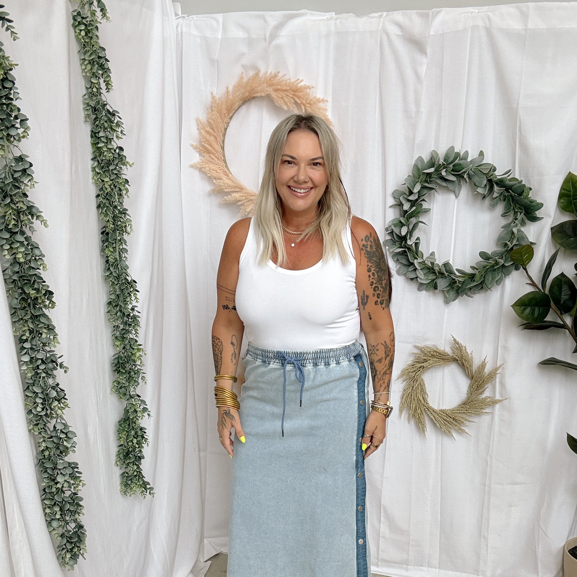 Denim Snap Button Midi Skirt-Skirts-hem and thread-The Silo Boutique, Women's Fashion Boutique Located in Warren and Grand Forks North Dakota