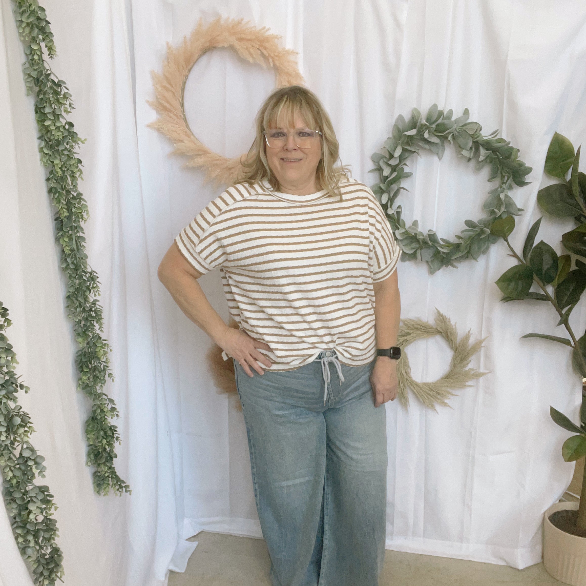 Robi Striped Tee-Camel-Short Sleeve Tops-Zenana-The Silo Boutique, Women's Fashion Boutique Located in Warren and Grand Forks North Dakota