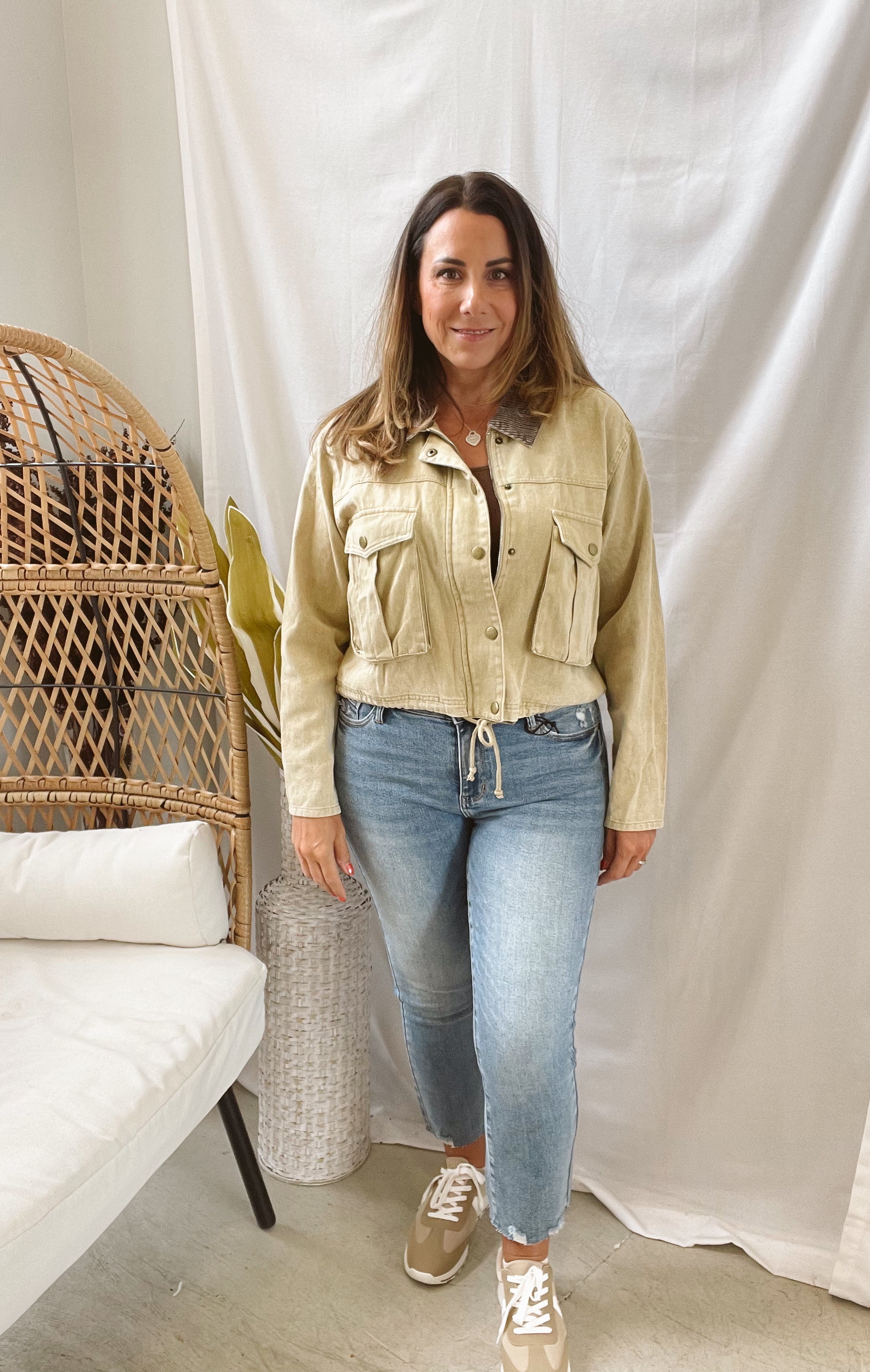 Corduroy Collar Twill Jacket-Sand-Coats & Jackets-hem and thread-The Silo Boutique, Women's Fashion Boutique Located in Warren and Grand Forks North Dakota