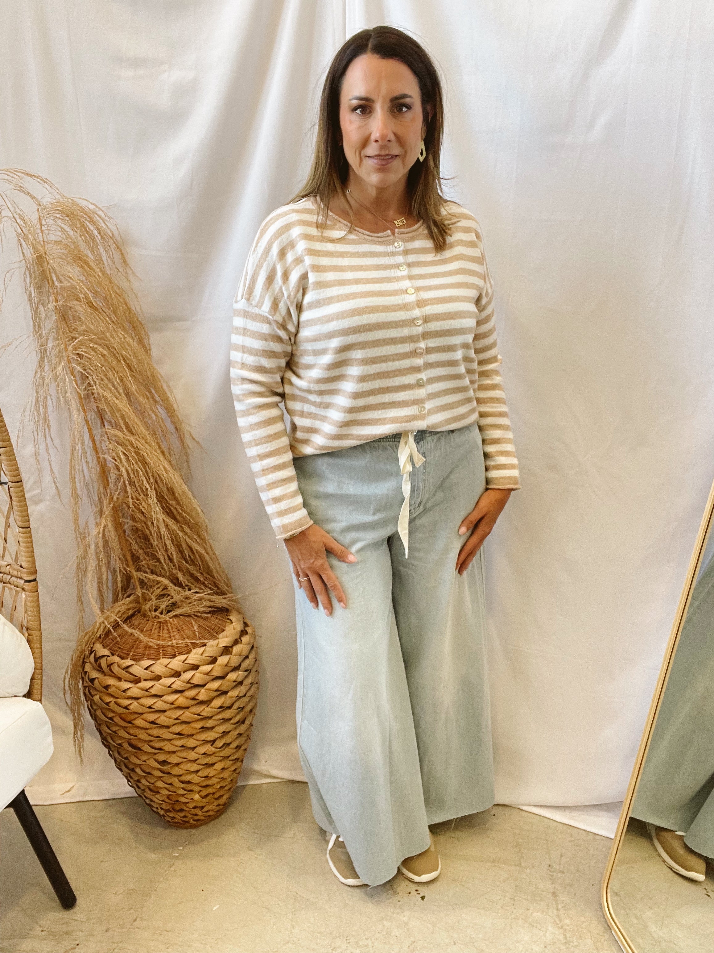 Taupe Striped Sweater Cardigan-Sweaters-staccato-The Silo Boutique, Women's Fashion Boutique Located in Warren and Grand Forks North Dakota