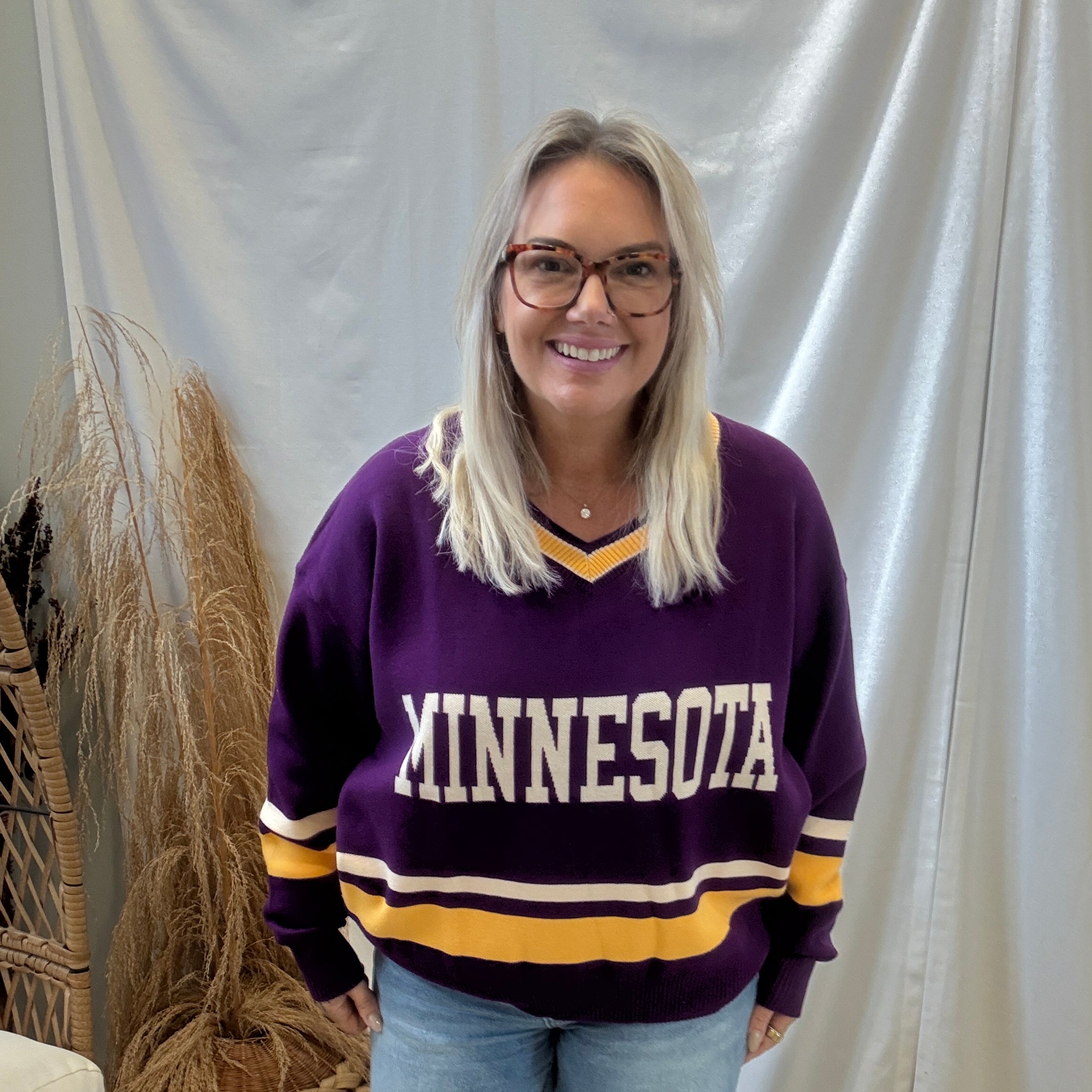 Minnesota Purple and Yellow Sweater-Sweaters-tea and Rose-The Silo Boutique, Women's Fashion Boutique Located in Warren and Grand Forks North Dakota