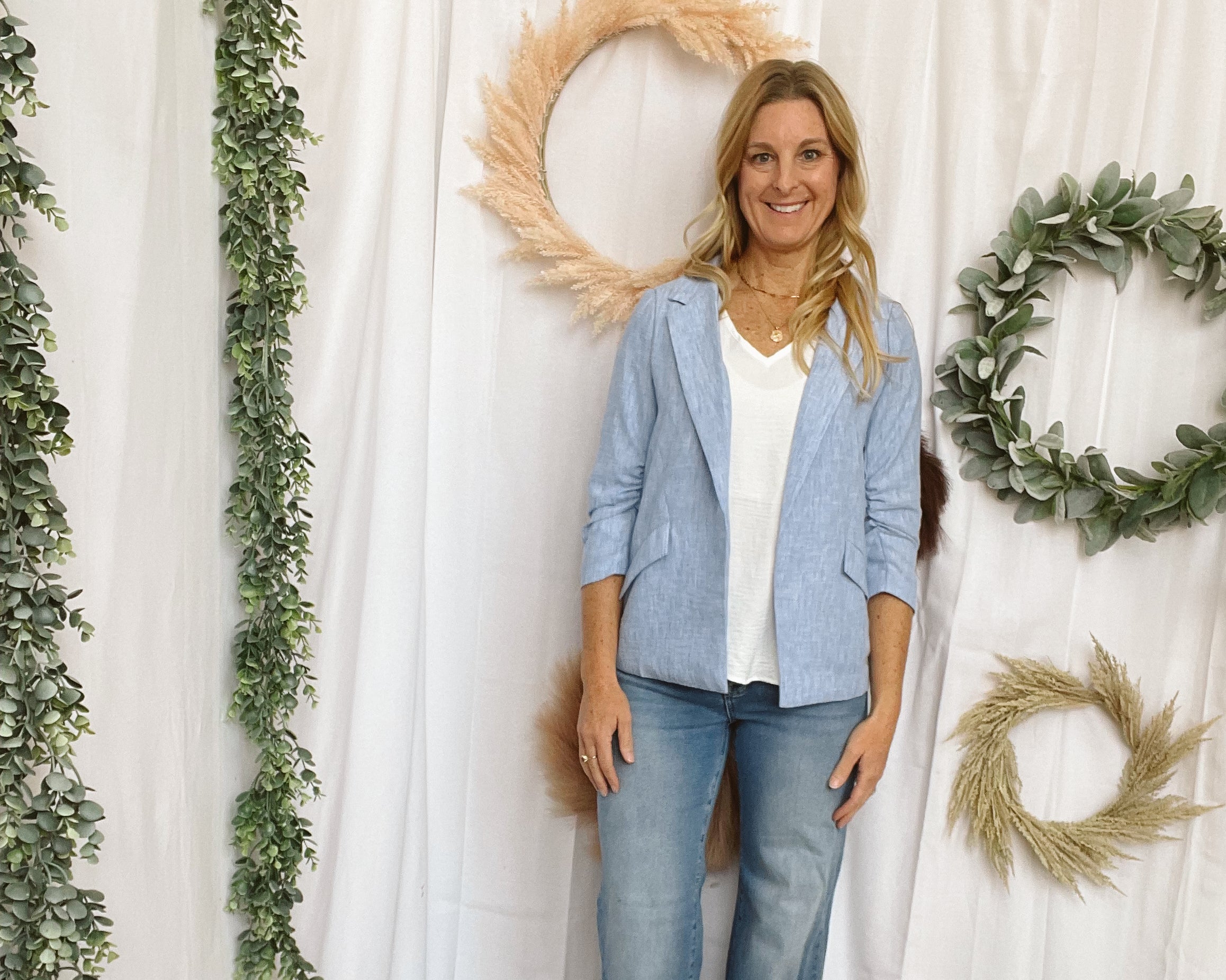 Skies Chambray Blazer-Blazers-skies are blue-The Silo Boutique, Women's Fashion Boutique Located in Warren and Grand Forks North Dakota