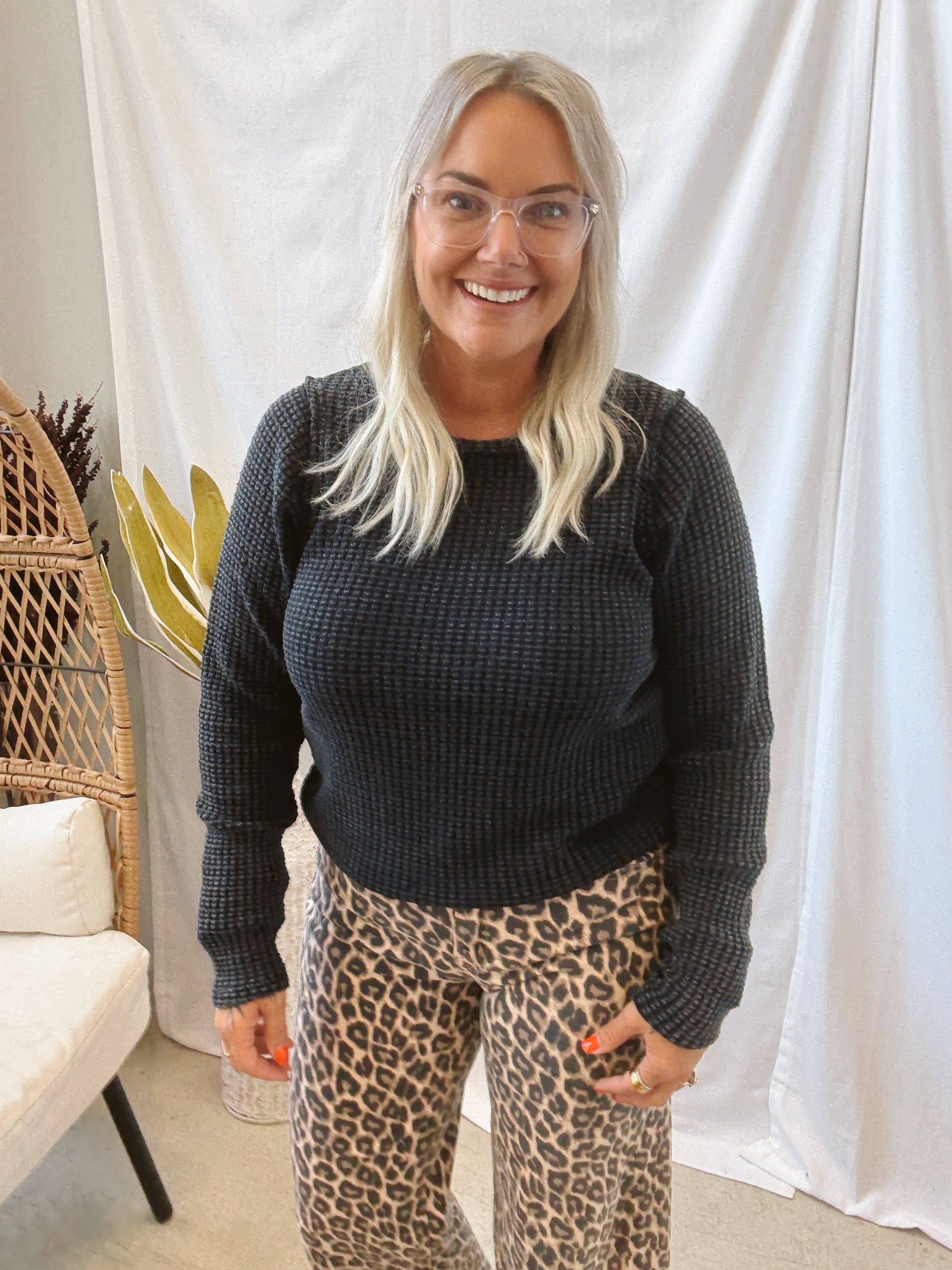 Mono B Waffle Knit Top-Black-Long Sleeve Tops-mono b-The Silo Boutique, Women's Fashion Boutique Located in Warren and Grand Forks North Dakota