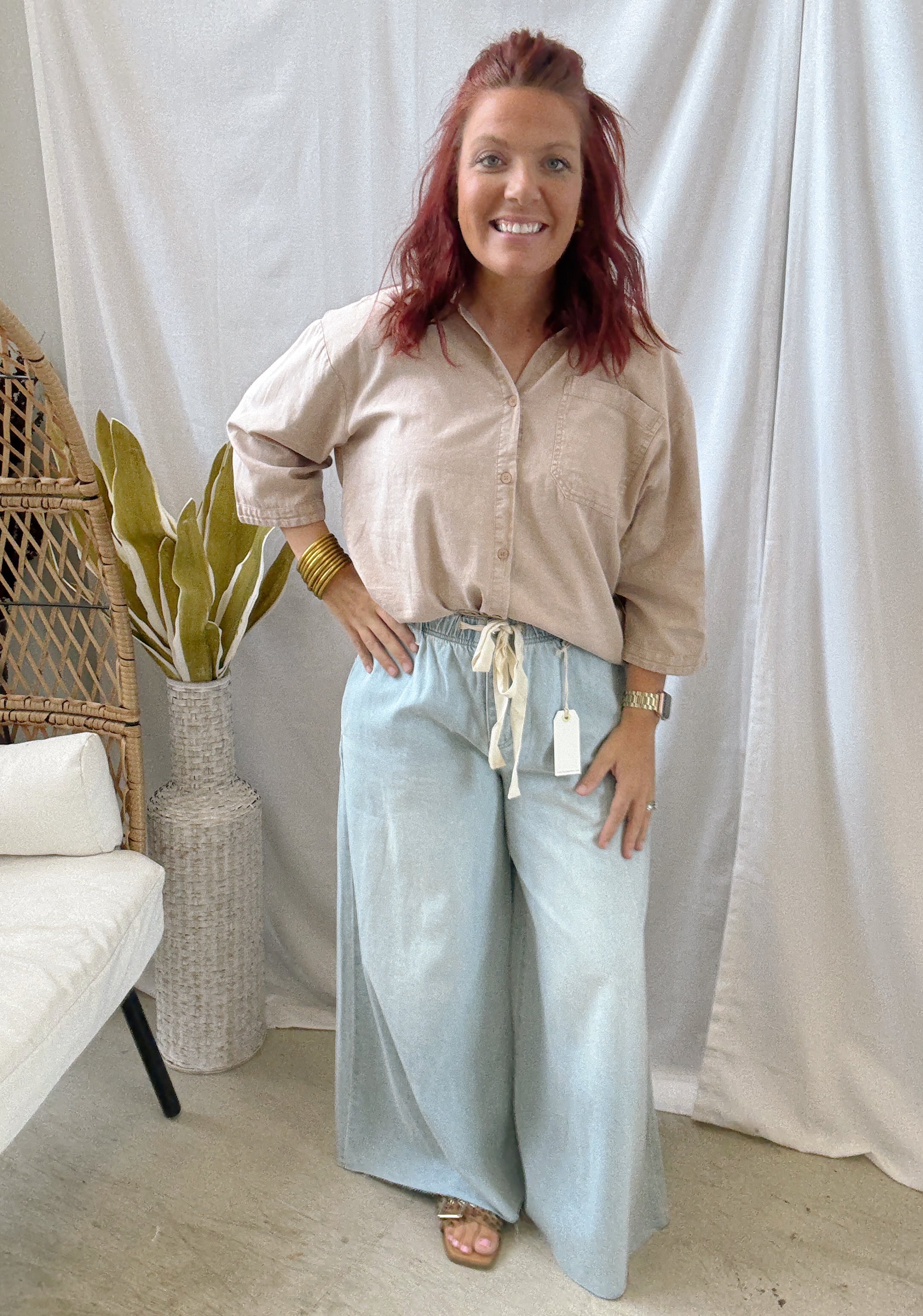 Taupe Button Down Long Sleeve Top-Long Sleeve Tops-hyfve-The Silo Boutique, Women's Fashion Boutique Located in Warren and Grand Forks North Dakota