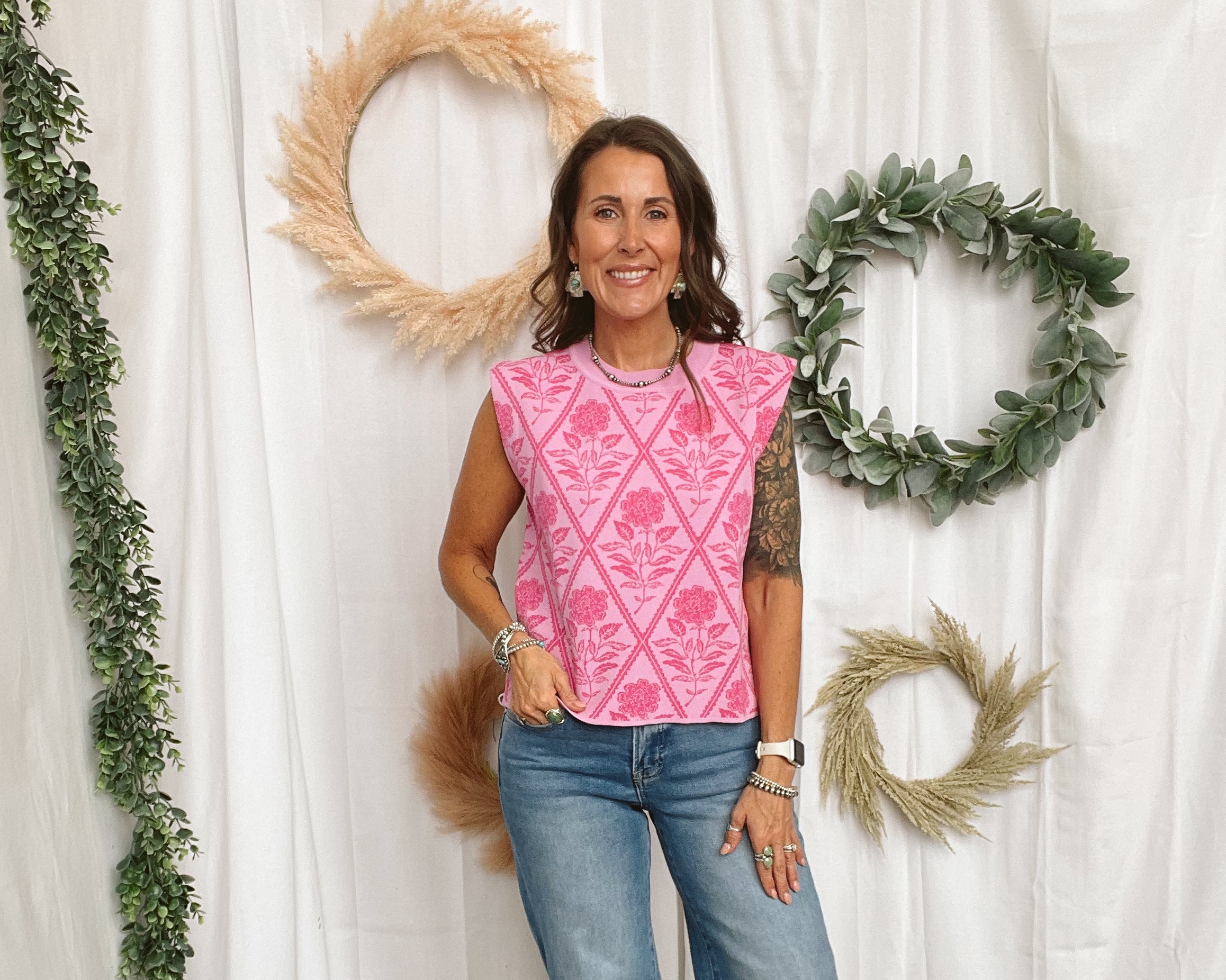 Kennedy Pink Floral Sweater Tank Top-Short Sleeve Tops-ENTRO-The Silo Boutique, Women's Fashion Boutique Located in Warren and Grand Forks North Dakota