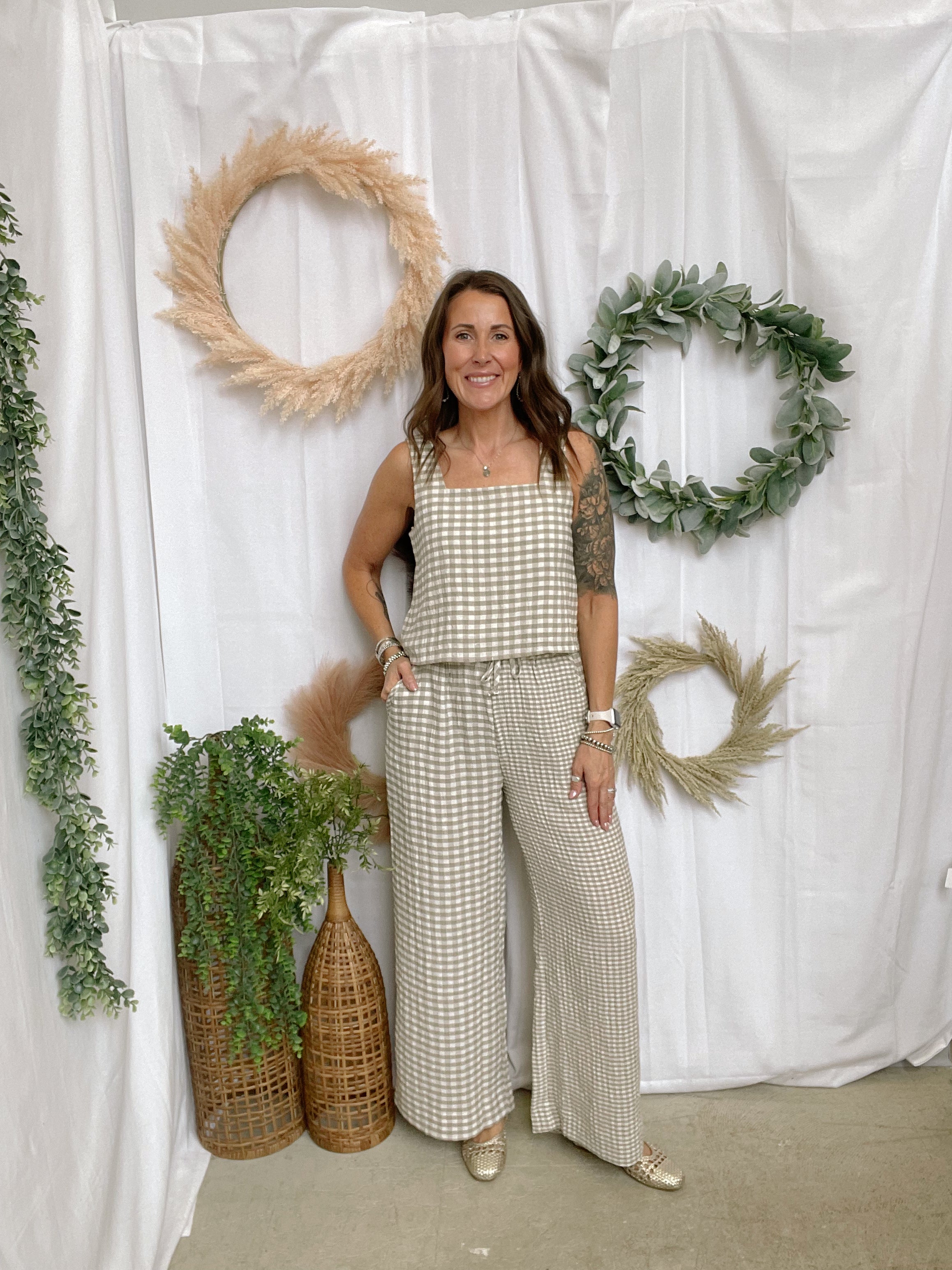 Gingham Sleeveless Top-Taupe-Tank Tops-miou muse-The Silo Boutique, Women's Fashion Boutique Located in Warren and Grand Forks North Dakota