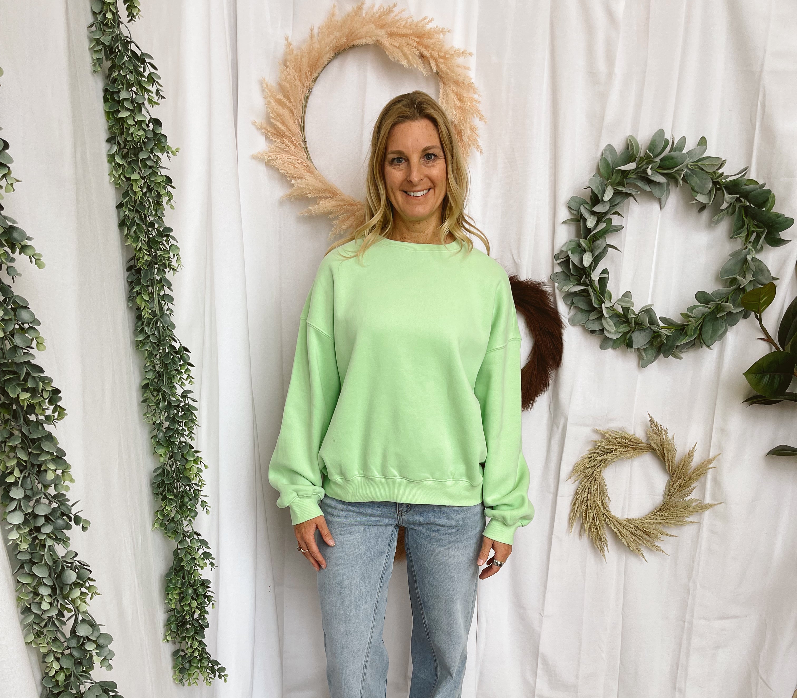 Varsity Crew Sweatshirt-Lime-Sweatshirts-tictoc-The Silo Boutique, Women's Fashion Boutique Located in Warren and Grand Forks North Dakota