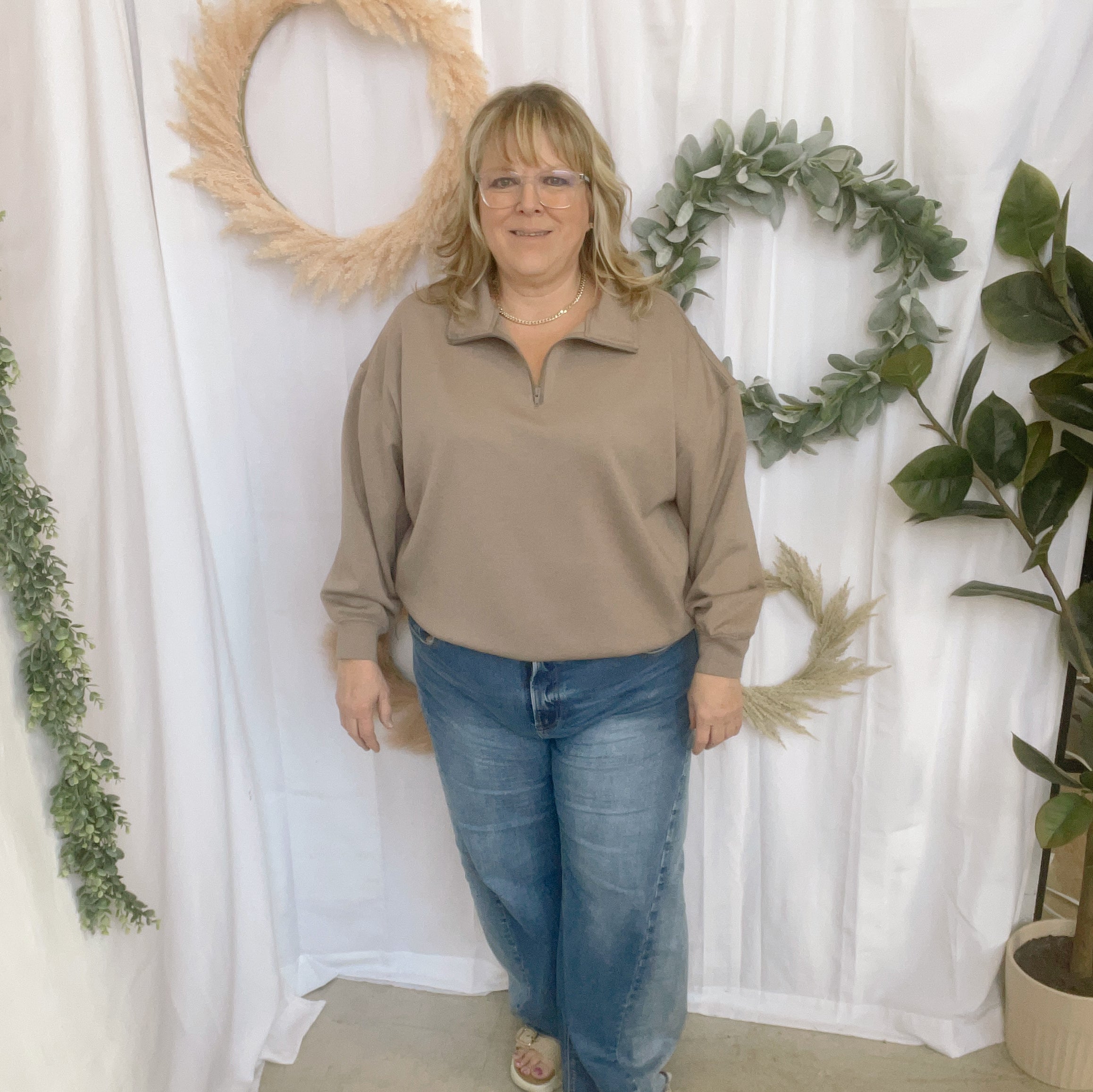 Zoe Scuba Quarter Zip Sweatshirt-Taupe-Sweatshirts-Zenana-The Silo Boutique, Women's Fashion Boutique Located in Warren and Grand Forks North Dakota