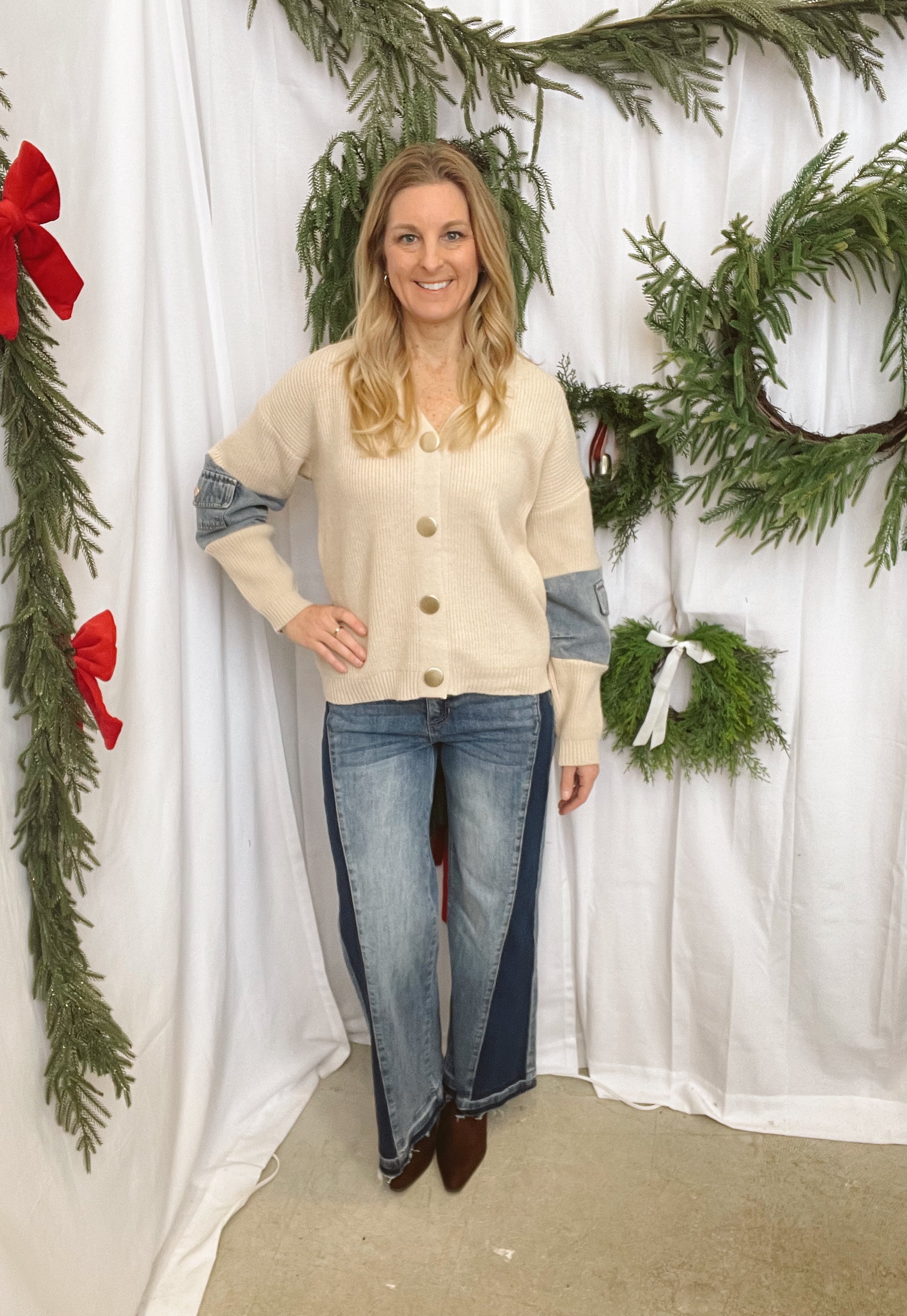 Denim and Knit Mix Cardigan-Cardigans-adora-The Silo Boutique, Women's Fashion Boutique Located in Warren and Grand Forks North Dakota