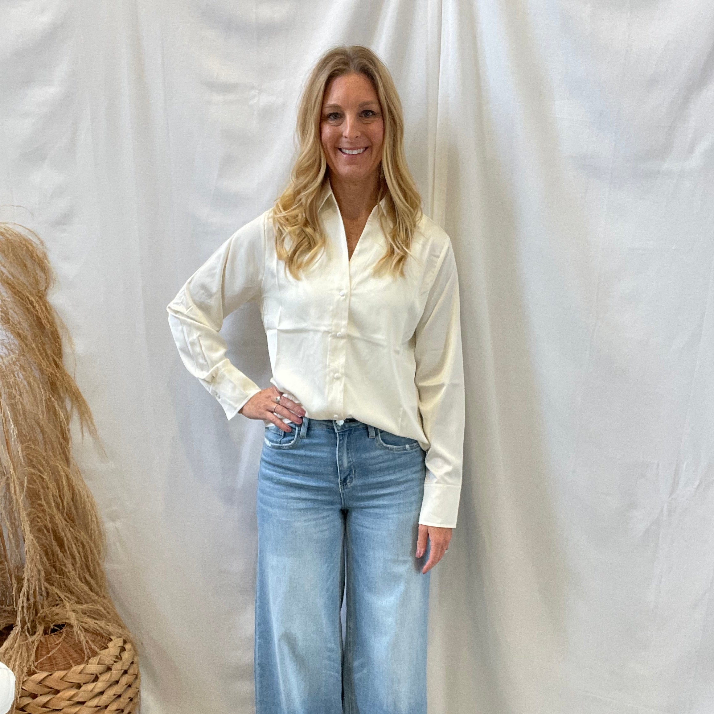 Whip Cream Silk Button Up Top-Long Sleeve Tops-hyfve-The Silo Boutique, Women's Fashion Boutique Located in Warren and Grand Forks North Dakota
