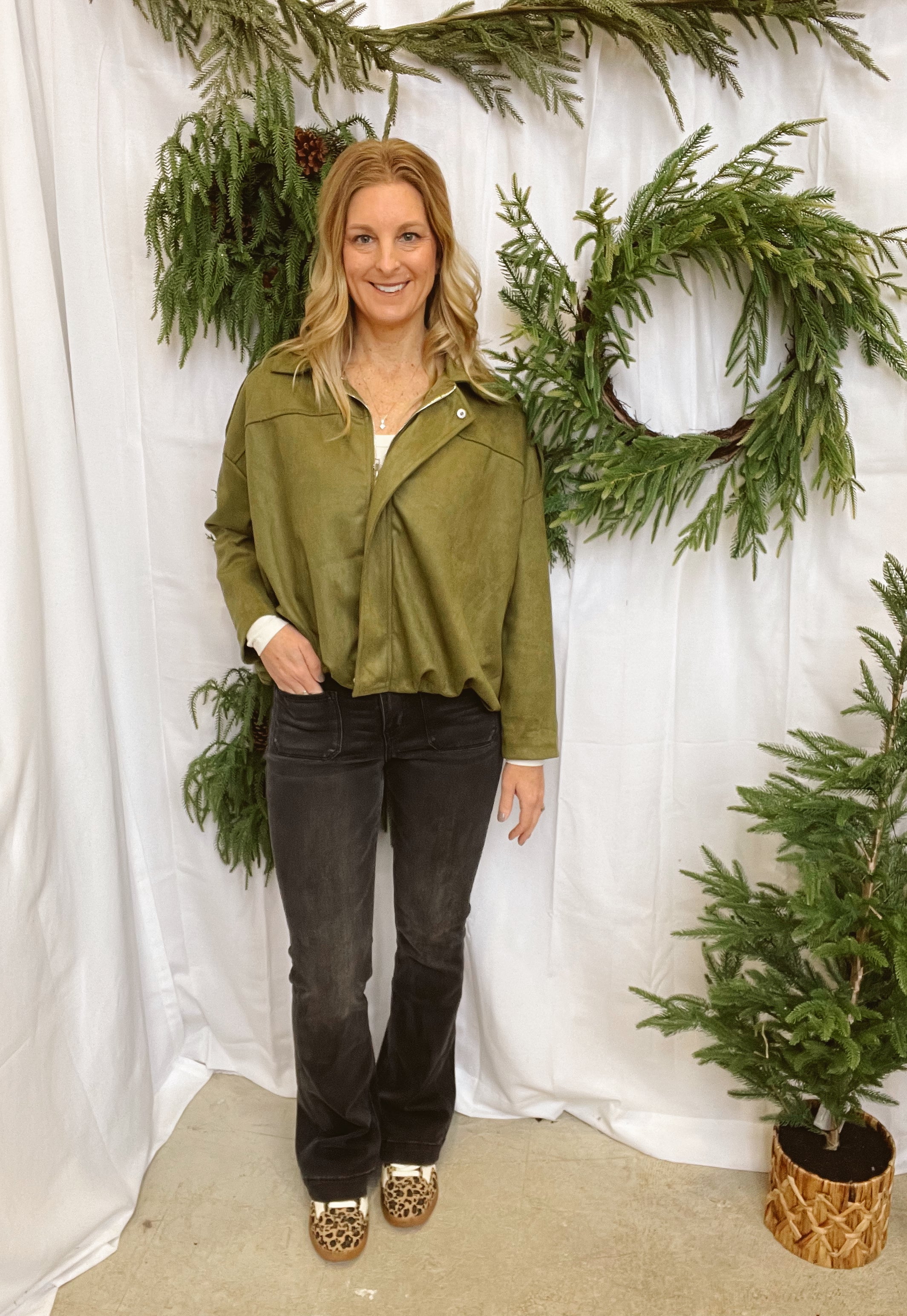 Olive Suede Bomber Jacket-Coats & Jackets-faire-The Silo Boutique, Women's Fashion Boutique Located in Warren and Grand Forks North Dakota