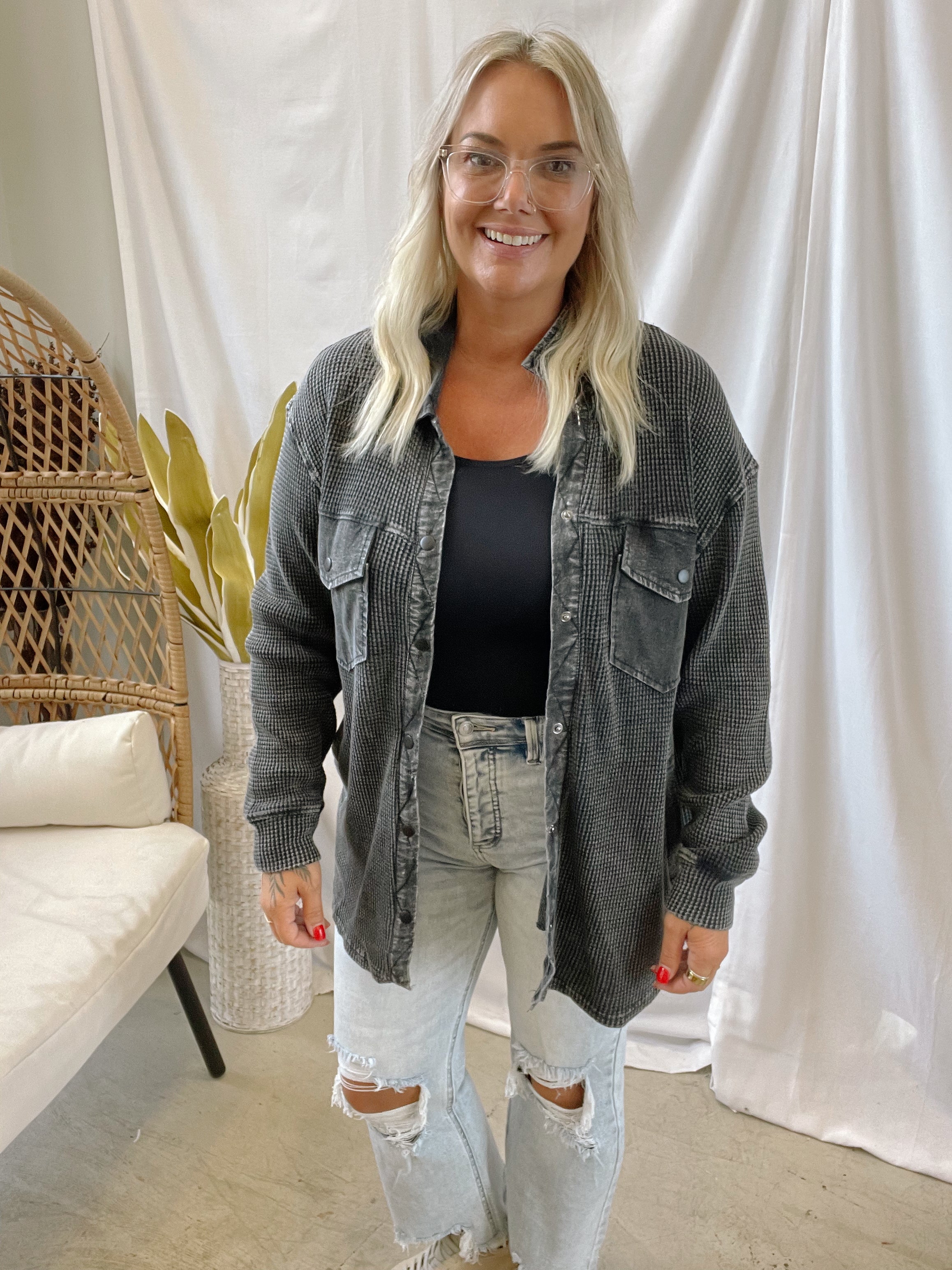 Waffle Knit Button Down Top-Black-Coats & Jackets-mono b-The Silo Boutique, Women's Fashion Boutique Located in Warren and Grand Forks North Dakota