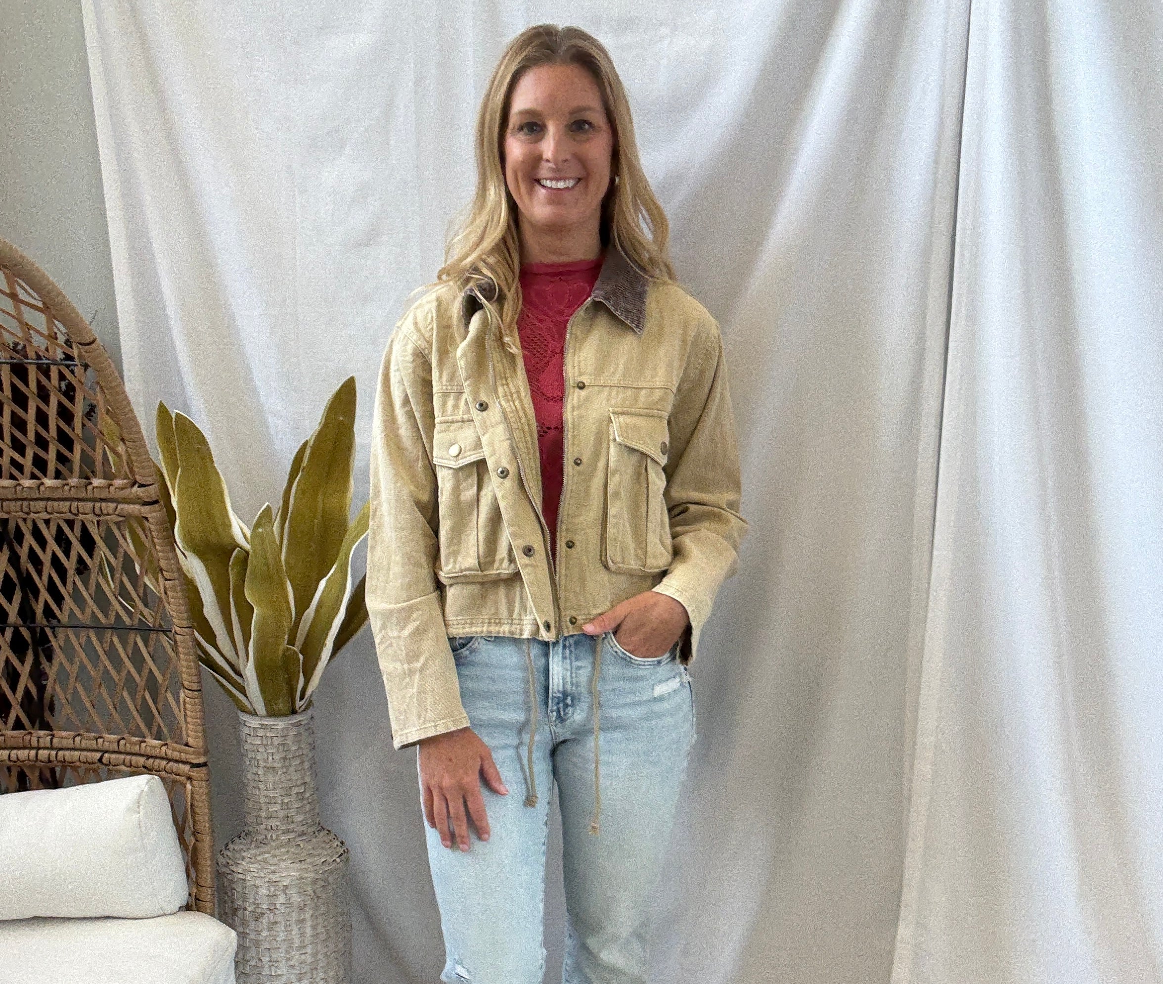 Corduroy Collar Twill Jacket-Sand-Coats & Jackets-hem and thread-The Silo Boutique, Women's Fashion Boutique Located in Warren and Grand Forks North Dakota