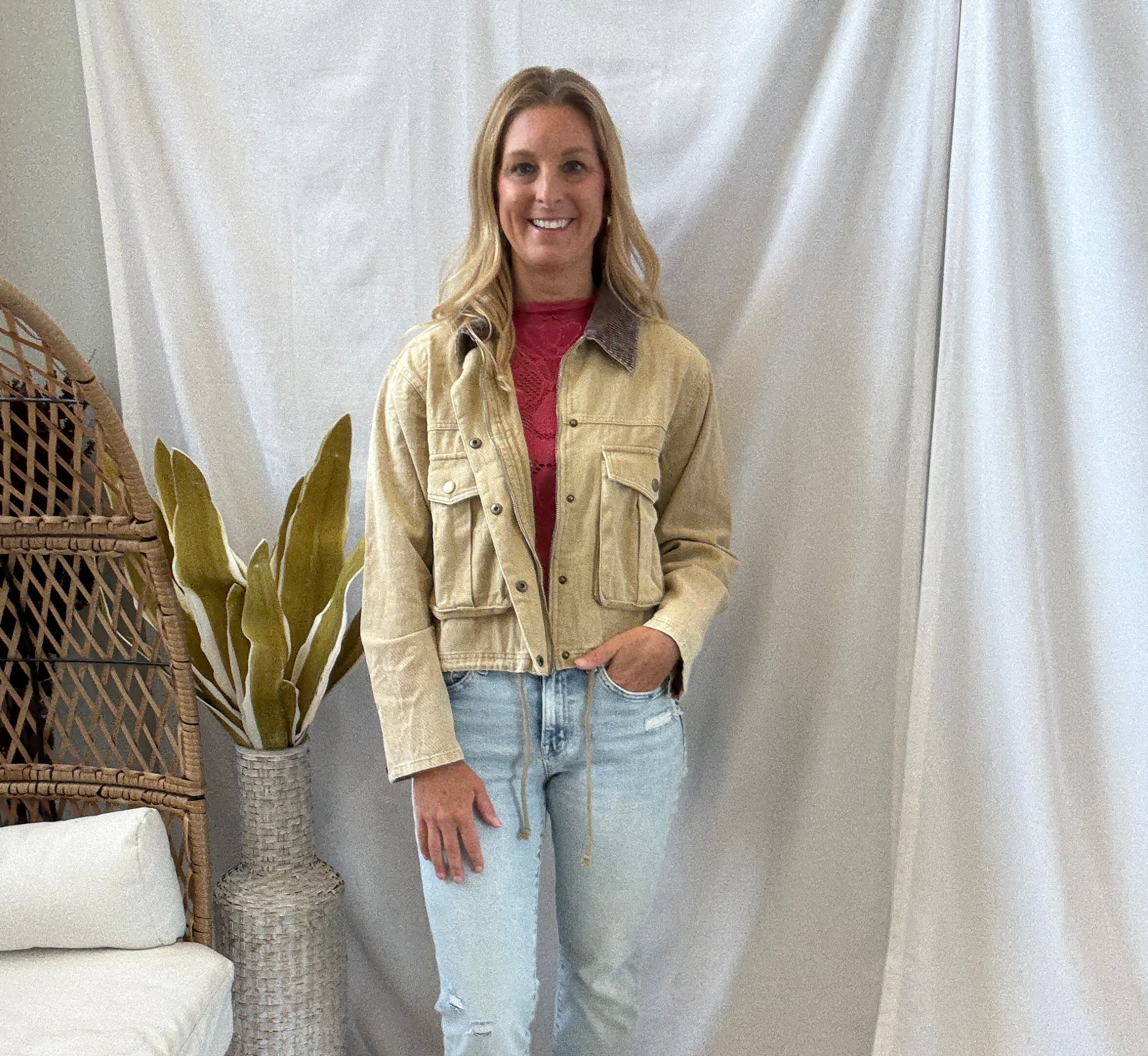 Corduroy Collar Twill Jacket-Sand-Coats & Jackets-hem and thread-The Silo Boutique, Women's Fashion Boutique Located in Warren and Grand Forks North Dakota