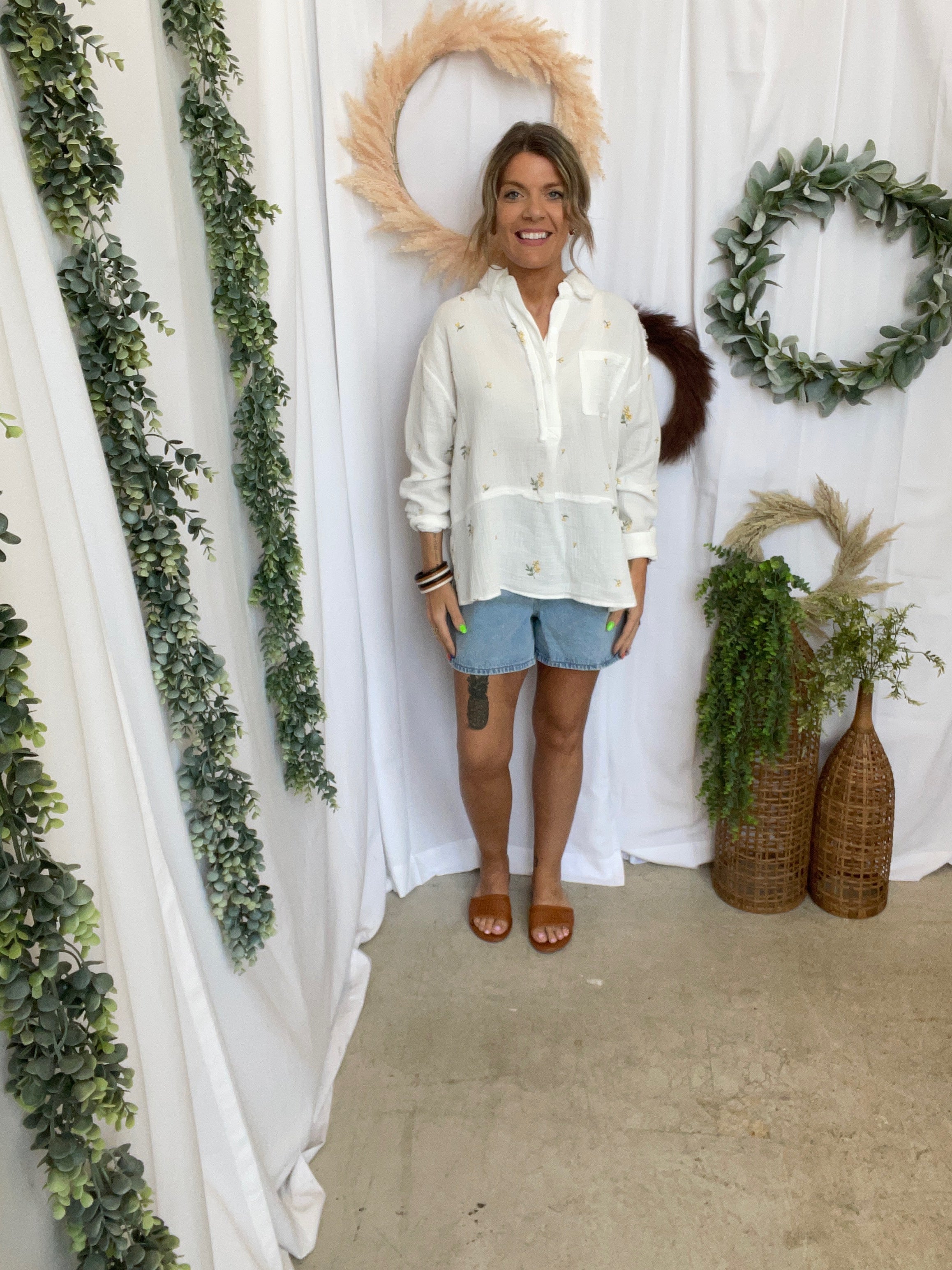 Embroidered Gauze Half Placket Shirt-Long Sleeve Tops-hem and thread-The Silo Boutique, Women's Fashion Boutique Located in Warren and Grand Forks North Dakota