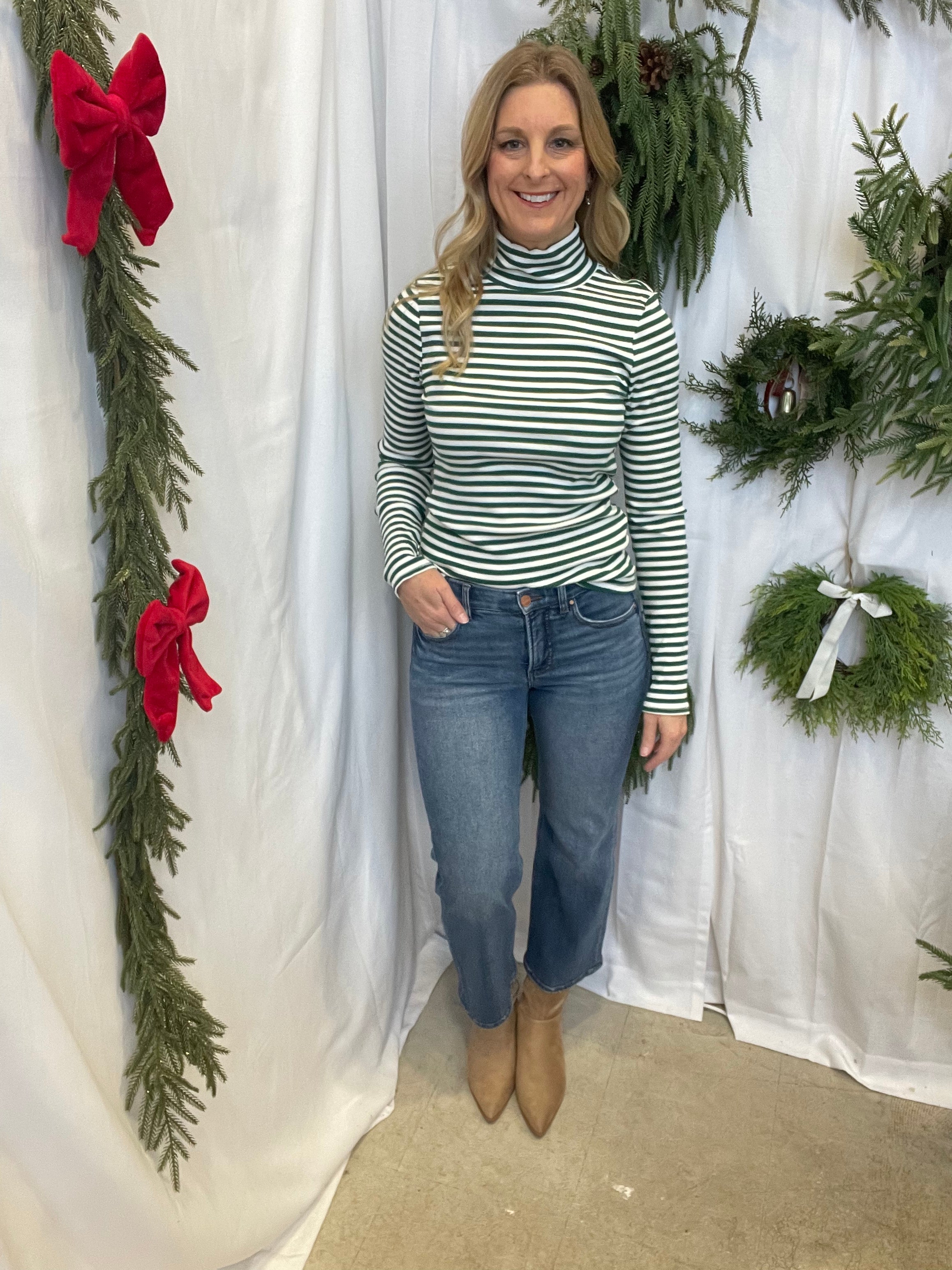 Leslie Striped Turtleneck-Green-Long Sleeve Tops-hyfve-The Silo Boutique, Women's Fashion Boutique Located in Warren and Grand Forks North Dakota