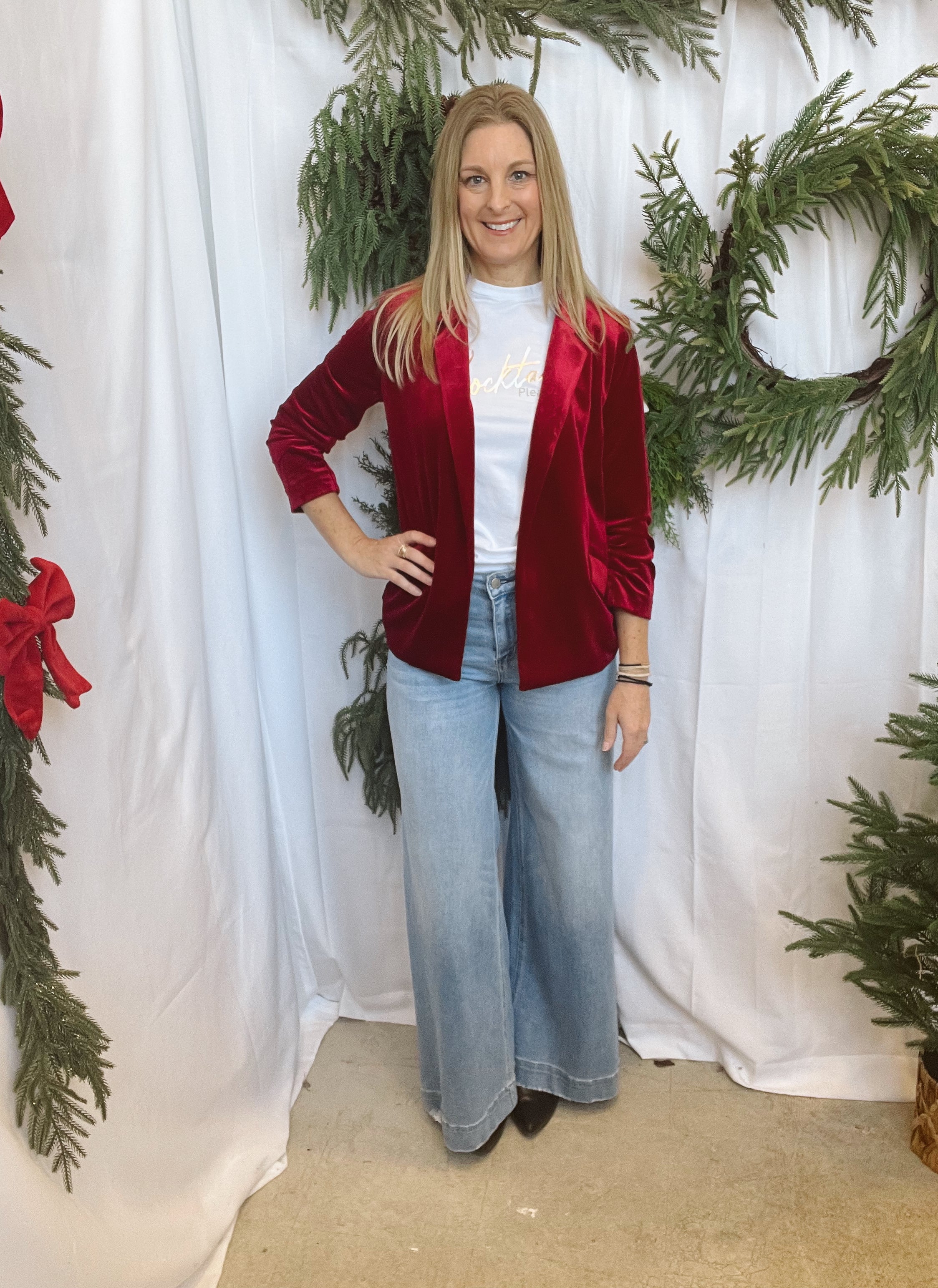 Ruby Red Velvet Blazer-Blazers-skies are blue-The Silo Boutique, Women's Fashion Boutique Located in Warren and Grand Forks North Dakota