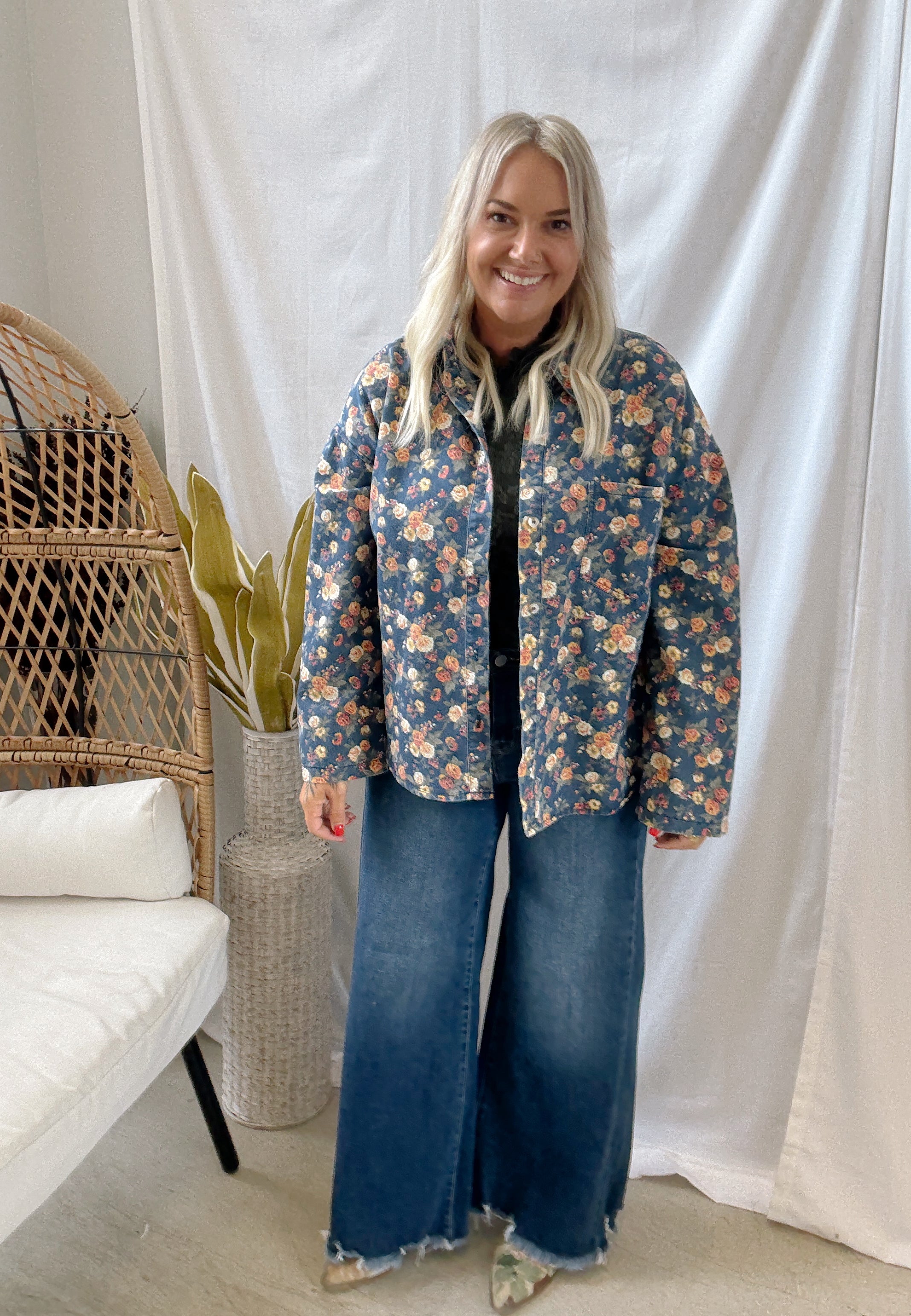 Washed Floral Print Jacket-Coats & Jackets-bibi-The Silo Boutique, Women's Fashion Boutique Located in Warren and Grand Forks North Dakota