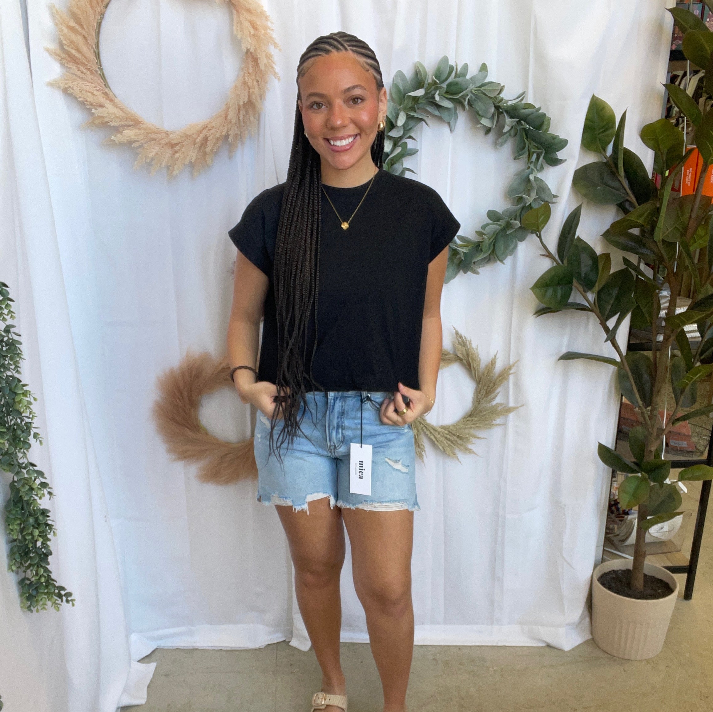 Miou Muse Cuffed Sleeve Top-Black-Short Sleeve Tops-miou muse-The Silo Boutique, Women's Fashion Boutique Located in Warren and Grand Forks North Dakota