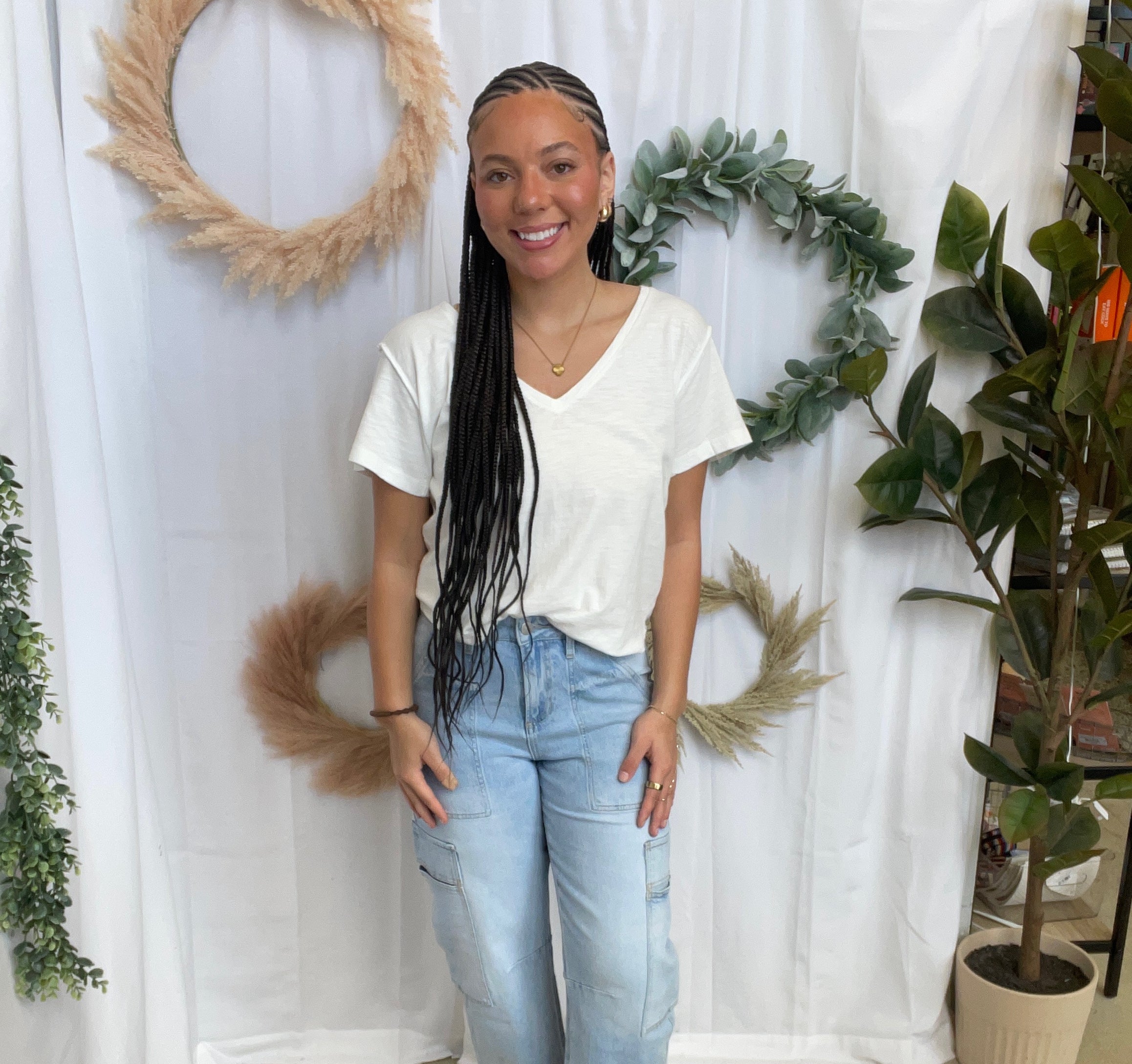 Pebble Forever V Neck Side Slit Tee-White-Short Sleeve Tops-pebble-The Silo Boutique, Women's Fashion Boutique Located in Warren and Grand Forks North Dakota