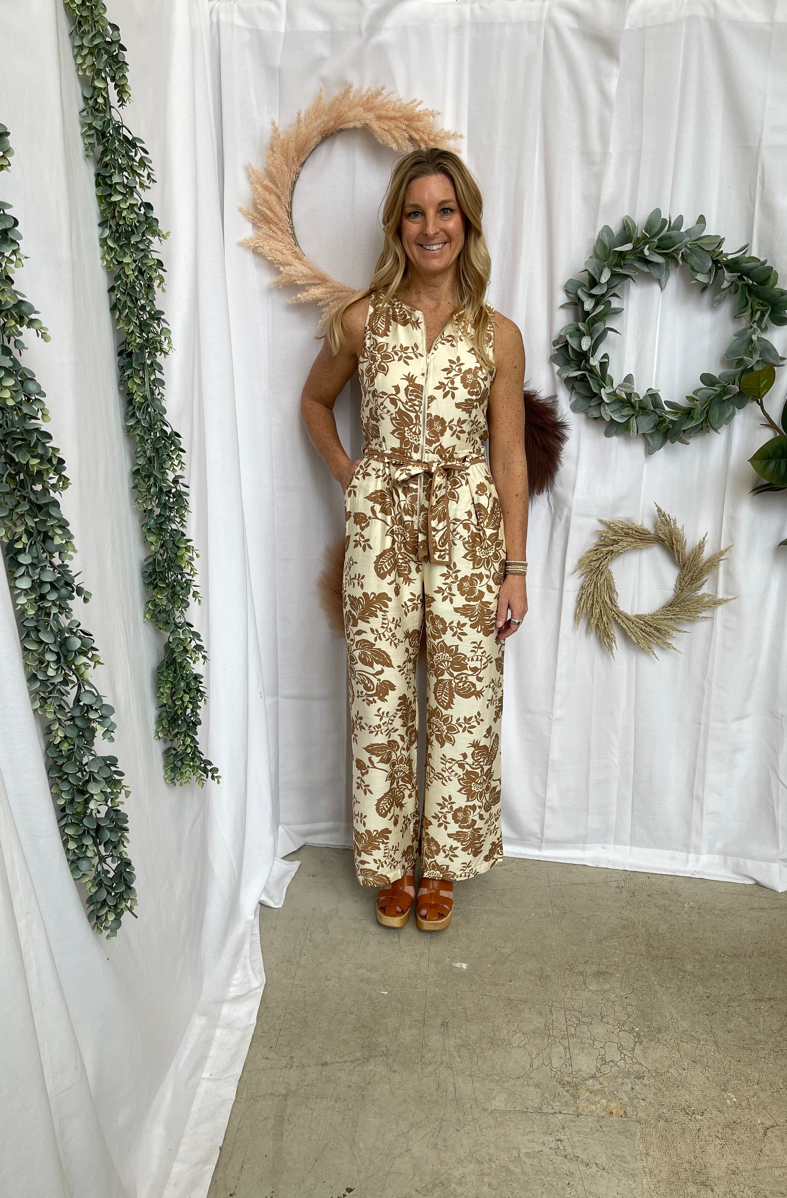 Rae Floral Print Jumpsuit-Taupe-Jumpsuits & Rompers-Doe and Rae-The Silo Boutique, Women's Fashion Boutique Located in Warren and Grand Forks North Dakota