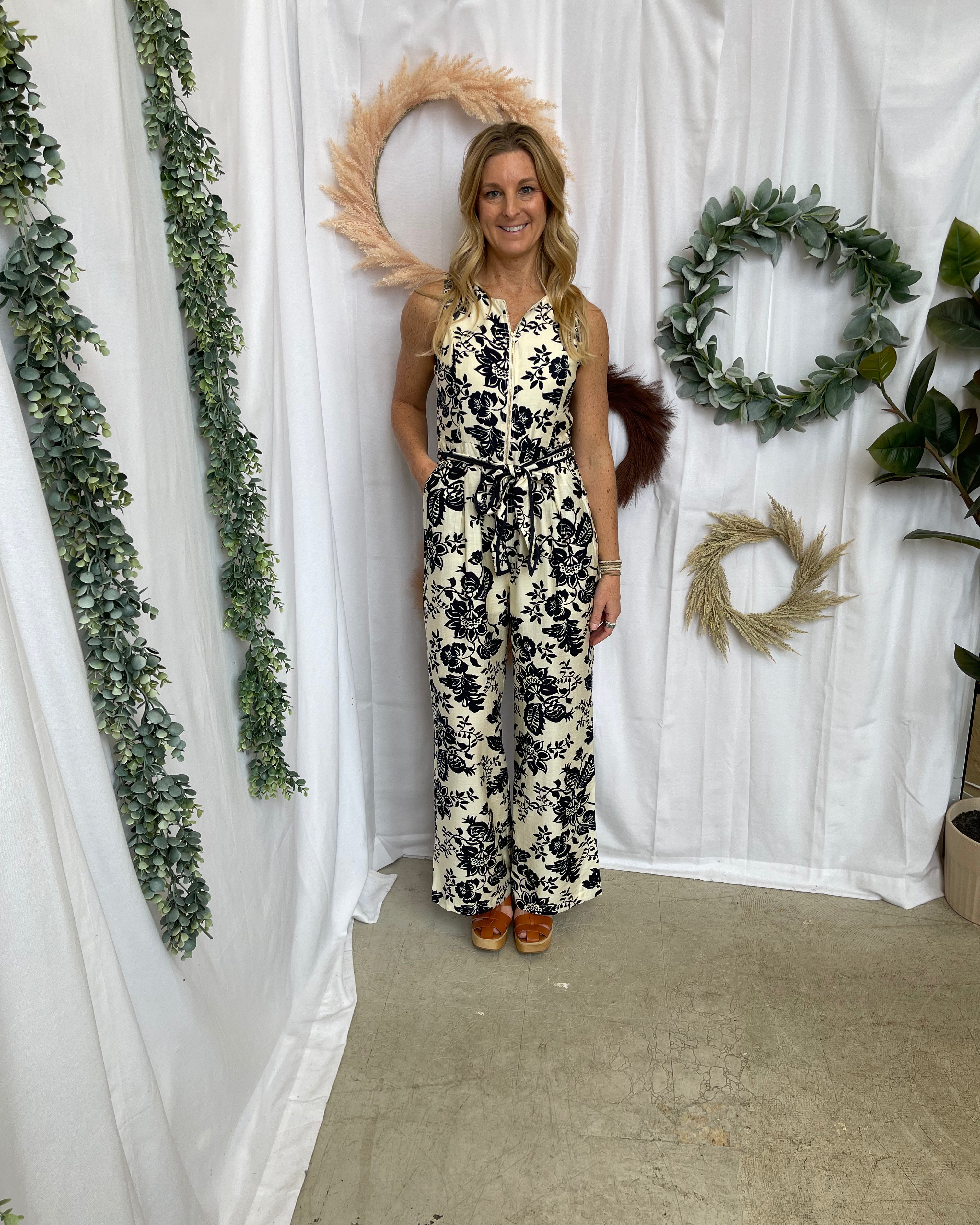 Rae Floral Print Jumpsuit-Navy-Jumpsuits & Rompers-Doe and Rae-The Silo Boutique, Women's Fashion Boutique Located in Warren and Grand Forks North Dakota