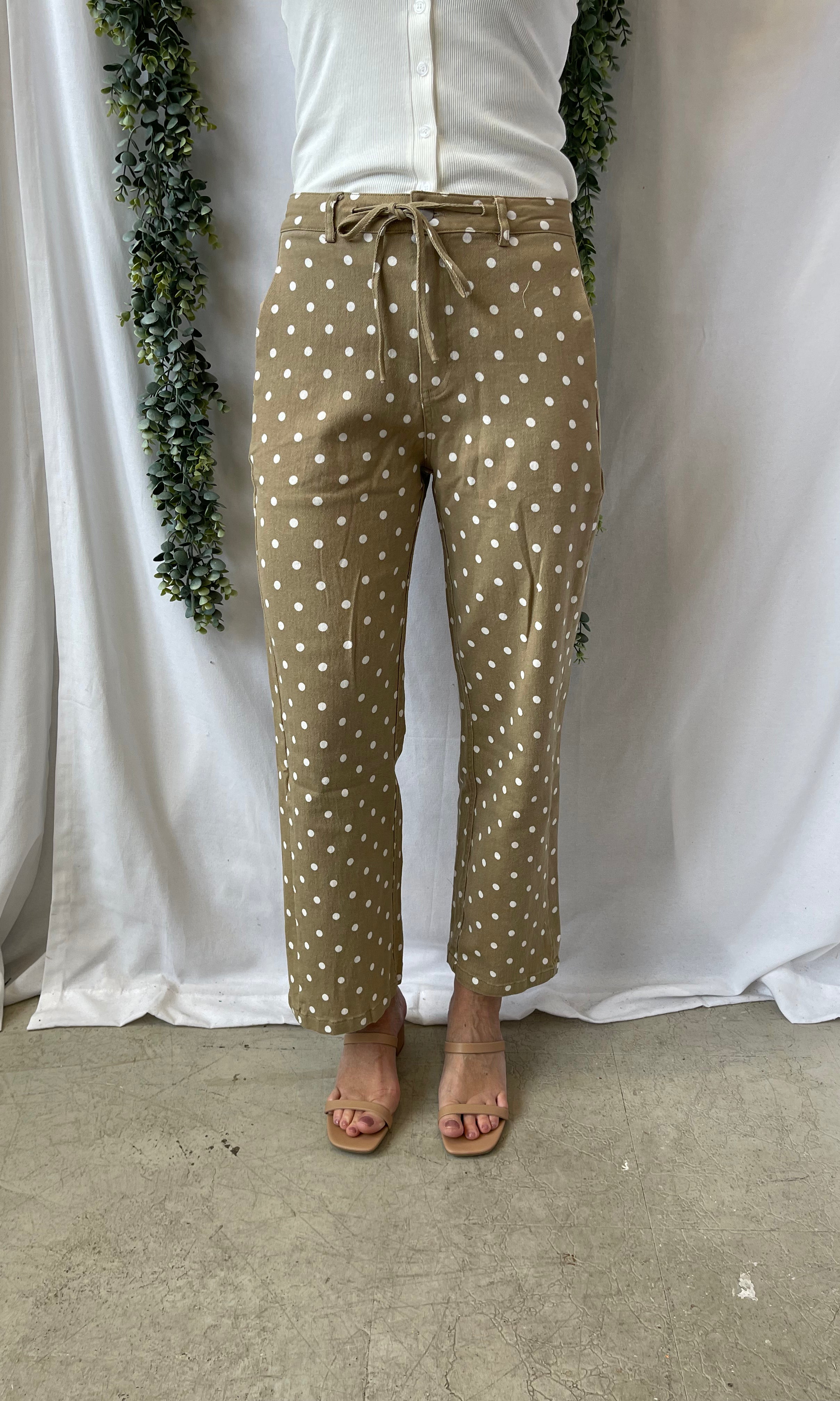Layla Polka Dot Pants-Taupe-Pants-lovlov-The Silo Boutique, Women's Fashion Boutique Located in Warren and Grand Forks North Dakota