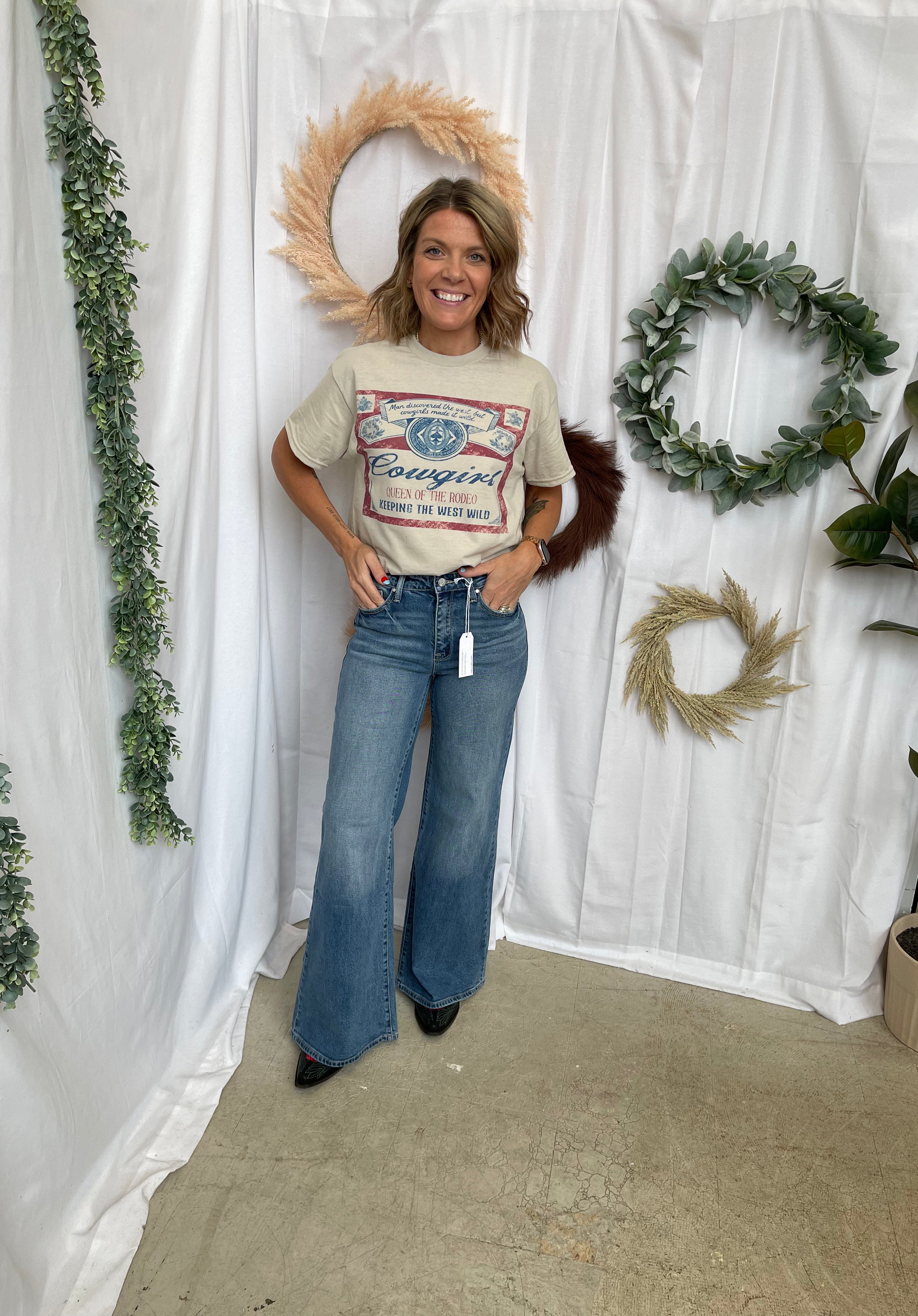 The Cowgirl Tee-Sand-Graphic Tees-walking A-The Silo Boutique, Women's Fashion Boutique Located in Warren and Grand Forks North Dakota