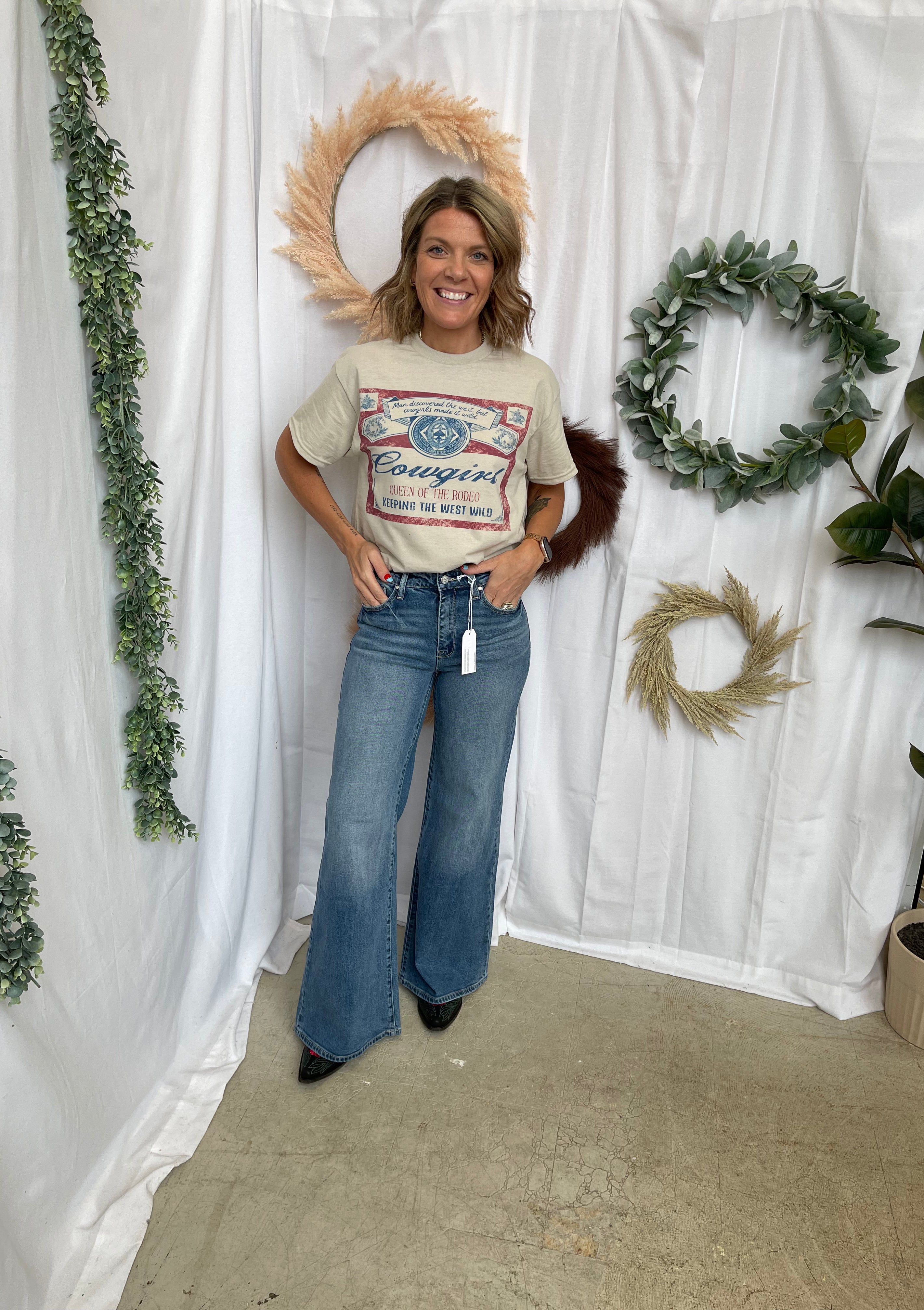 The Cowgirl Tee-Sand-Graphic Tees-walking A-The Silo Boutique, Women's Fashion Boutique Located in Warren and Grand Forks North Dakota