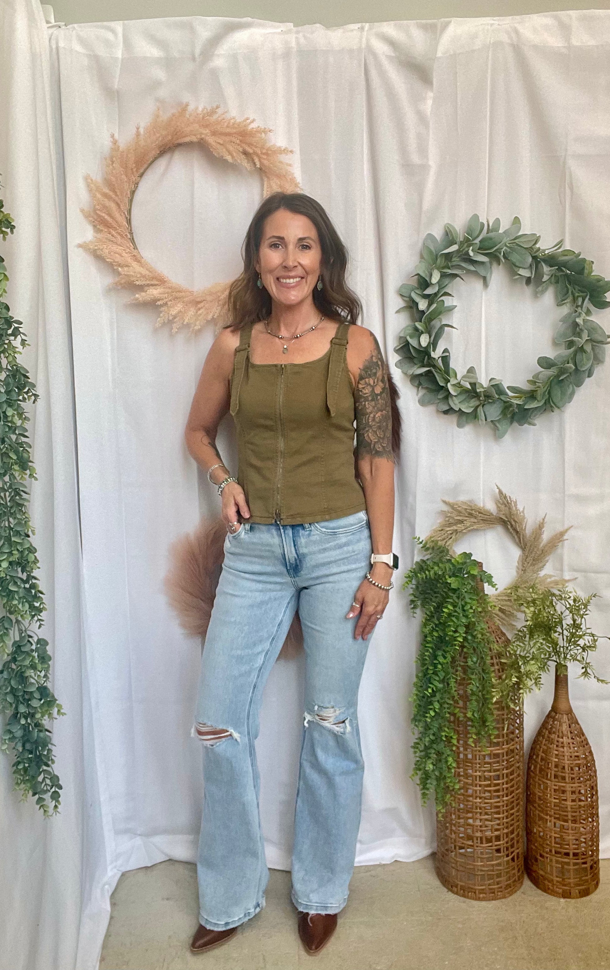 Rae Buckle Tank Top-Olive-Short Sleeve Tops-Doe and Rae-The Silo Boutique, Women's Fashion Boutique Located in Warren and Grand Forks North Dakota