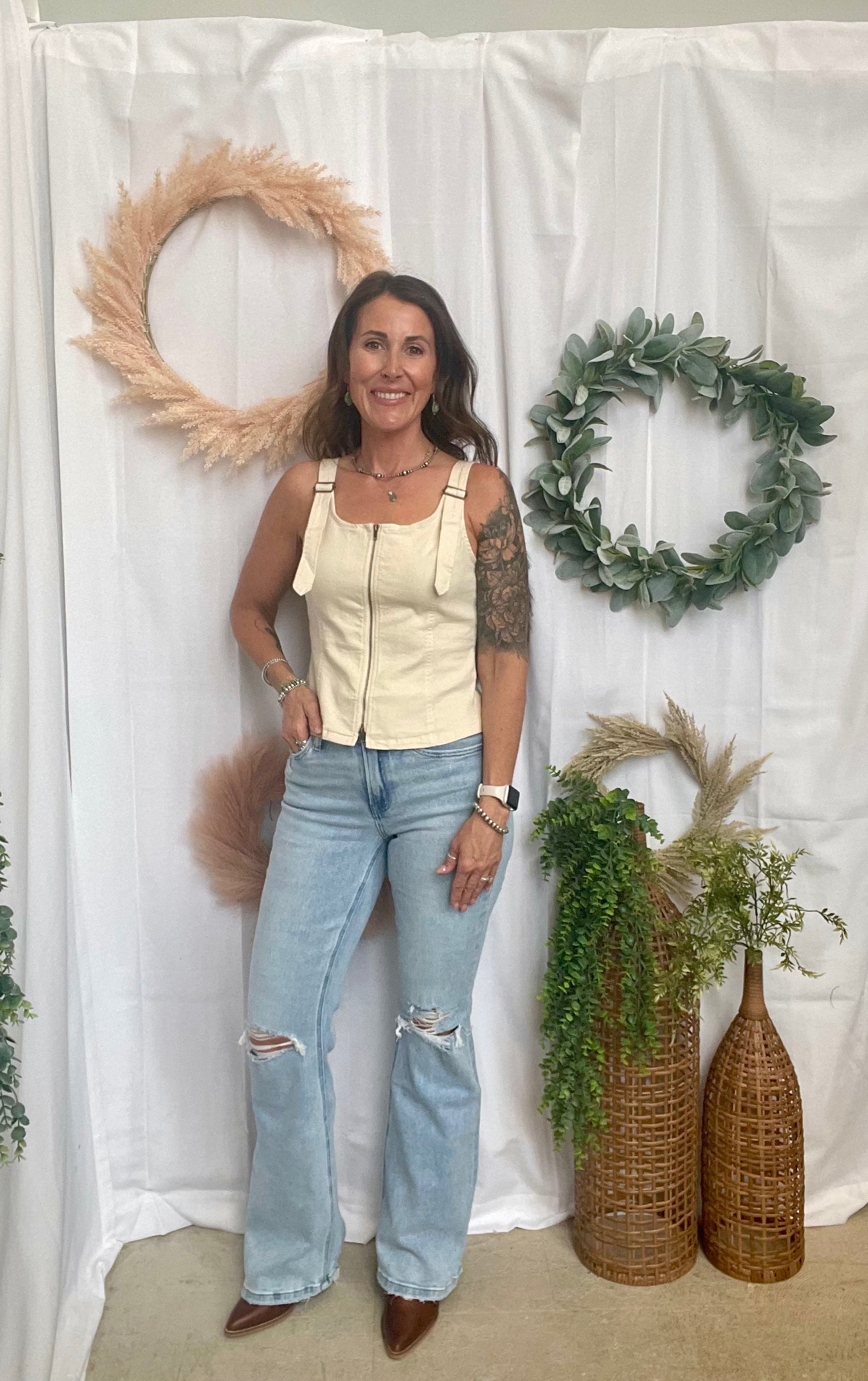 Rae Buckle Tank Top-Ecru-Short Sleeve Tops-Doe and Rae-The Silo Boutique, Women's Fashion Boutique Located in Warren and Grand Forks North Dakota