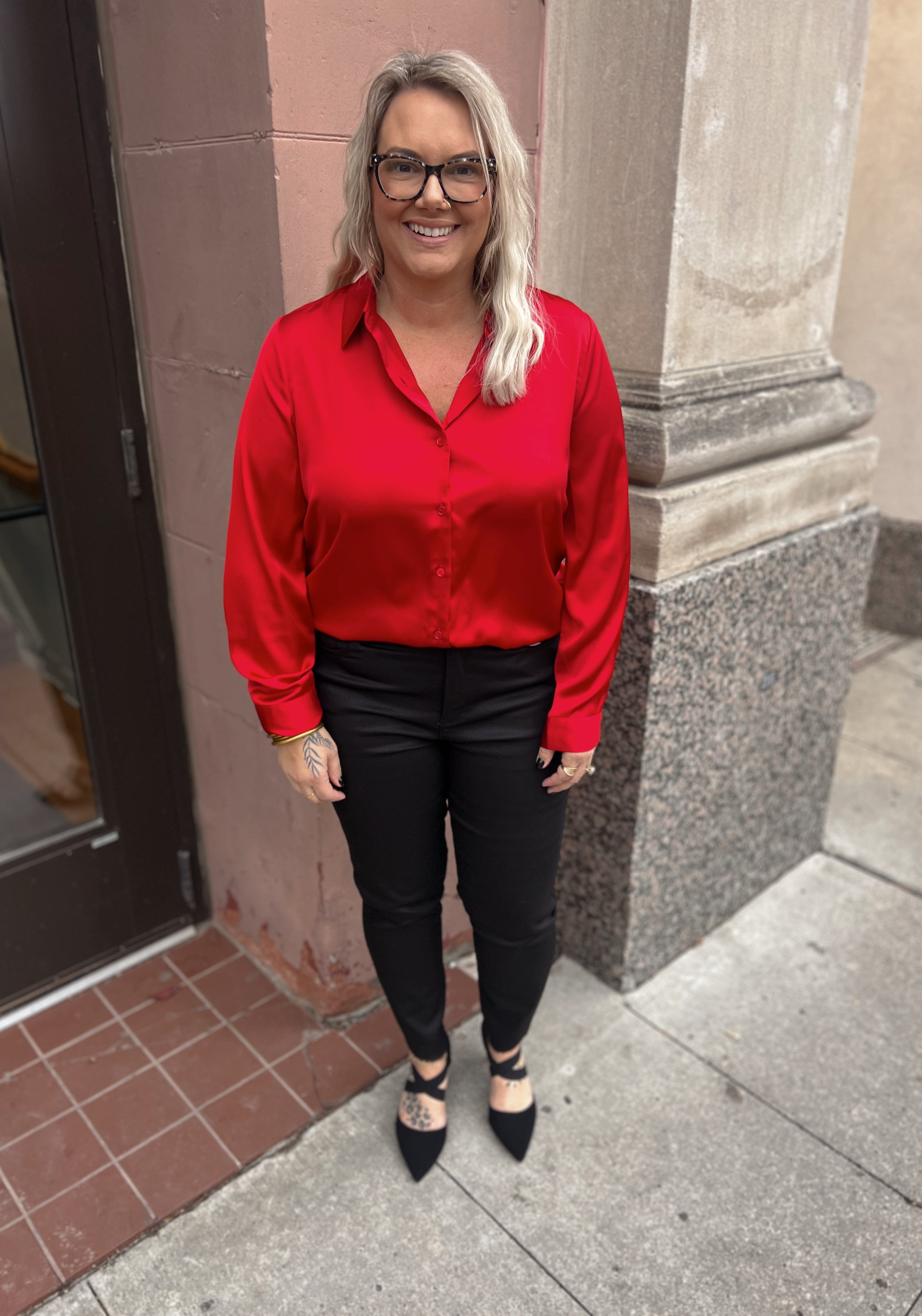 Ruby Red Satin Button Down Top-Long Sleeve Tops-skies are blue-The Silo Boutique, Women's Fashion Boutique Located in Warren and Grand Forks North Dakota