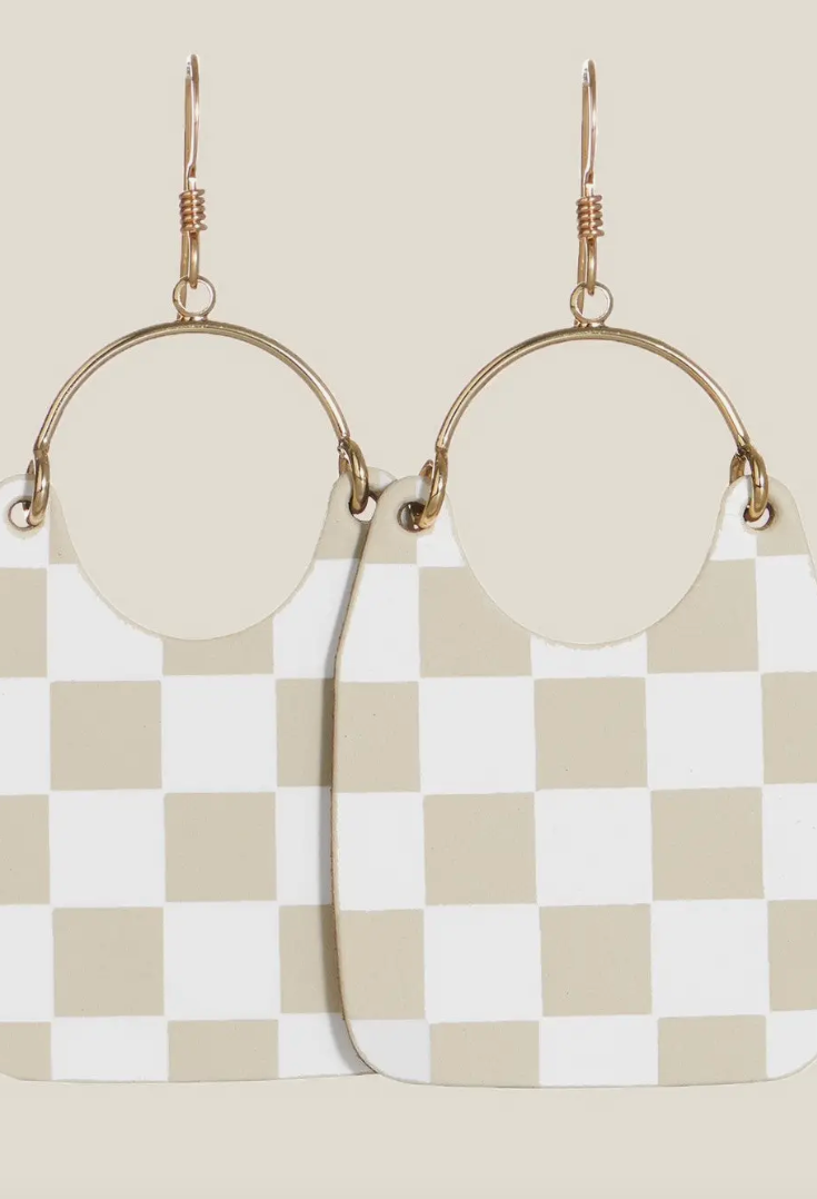 Nickel and Suede Ecru Check Earrings-Earrings-nickel and Suede-The Silo Boutique, Women's Fashion Boutique Located in Warren and Grand Forks North Dakota