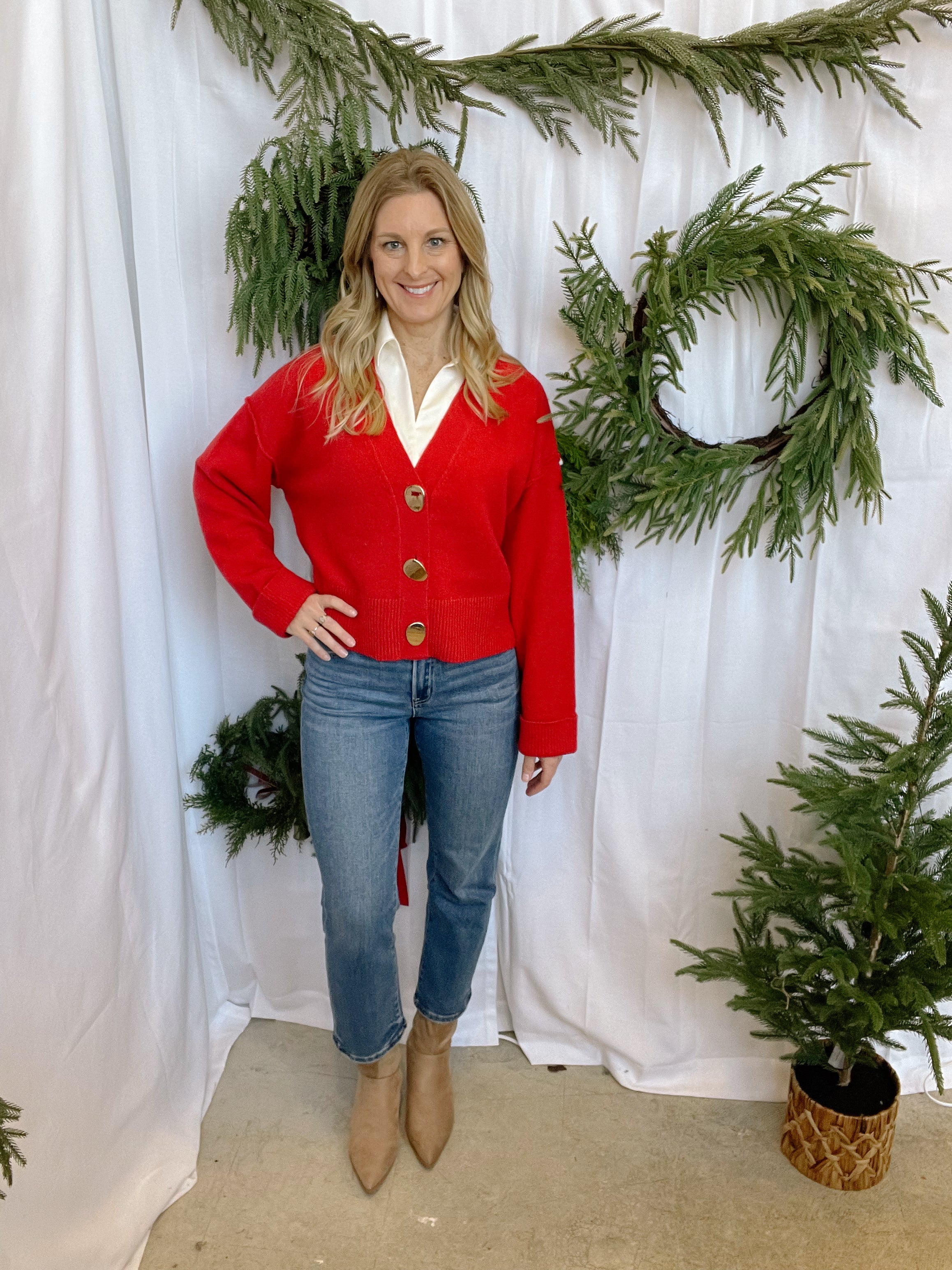 Gold Button Sweater Cardigan-Red-Cardigans-she and sky-The Silo Boutique, Women's Fashion Boutique Located in Warren and Grand Forks North Dakota