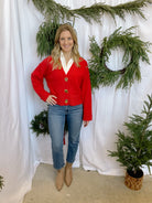 Gold Button Sweater Cardigan-Red-Cardigans-she and sky-The Silo Boutique, Women's Fashion Boutique Located in Warren and Grand Forks North Dakota