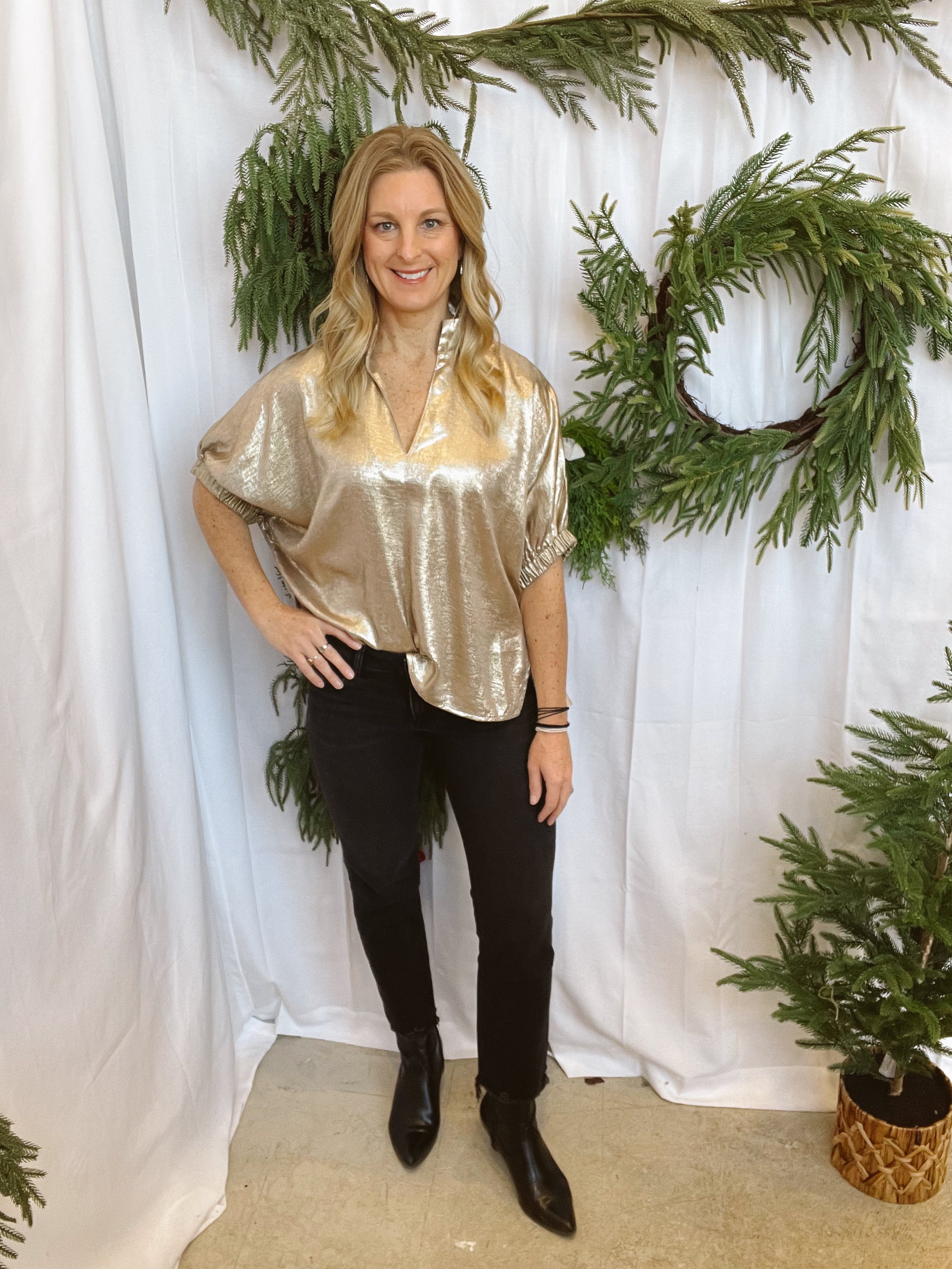 Shimmer and Shine Top-Gold-Short Sleeve Tops-entro-The Silo Boutique, Women's Fashion Boutique Located in Warren and Grand Forks North Dakota