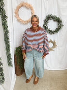 Mary Striped Mock Neck Sweatshirt-Choco-Sweatshirts-twentyfourth-The Silo Boutique, Women's Fashion Boutique Located in Warren and Grand Forks North Dakota