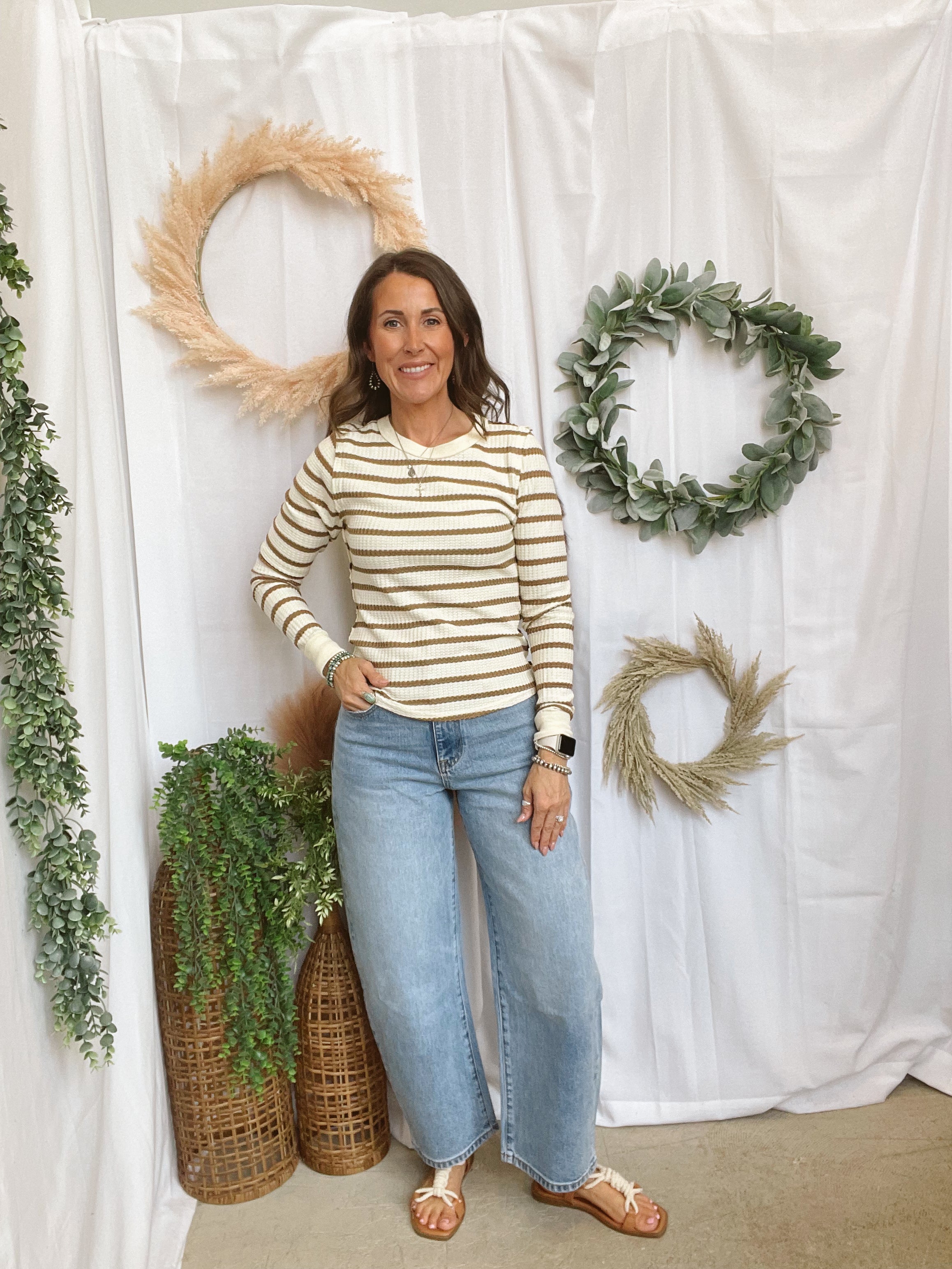 Muse Stripe Waffle Knit Top-Mocha-Long Sleeve Tops-miou muse-The Silo Boutique, Women's Fashion Boutique Located in Warren and Grand Forks North Dakota