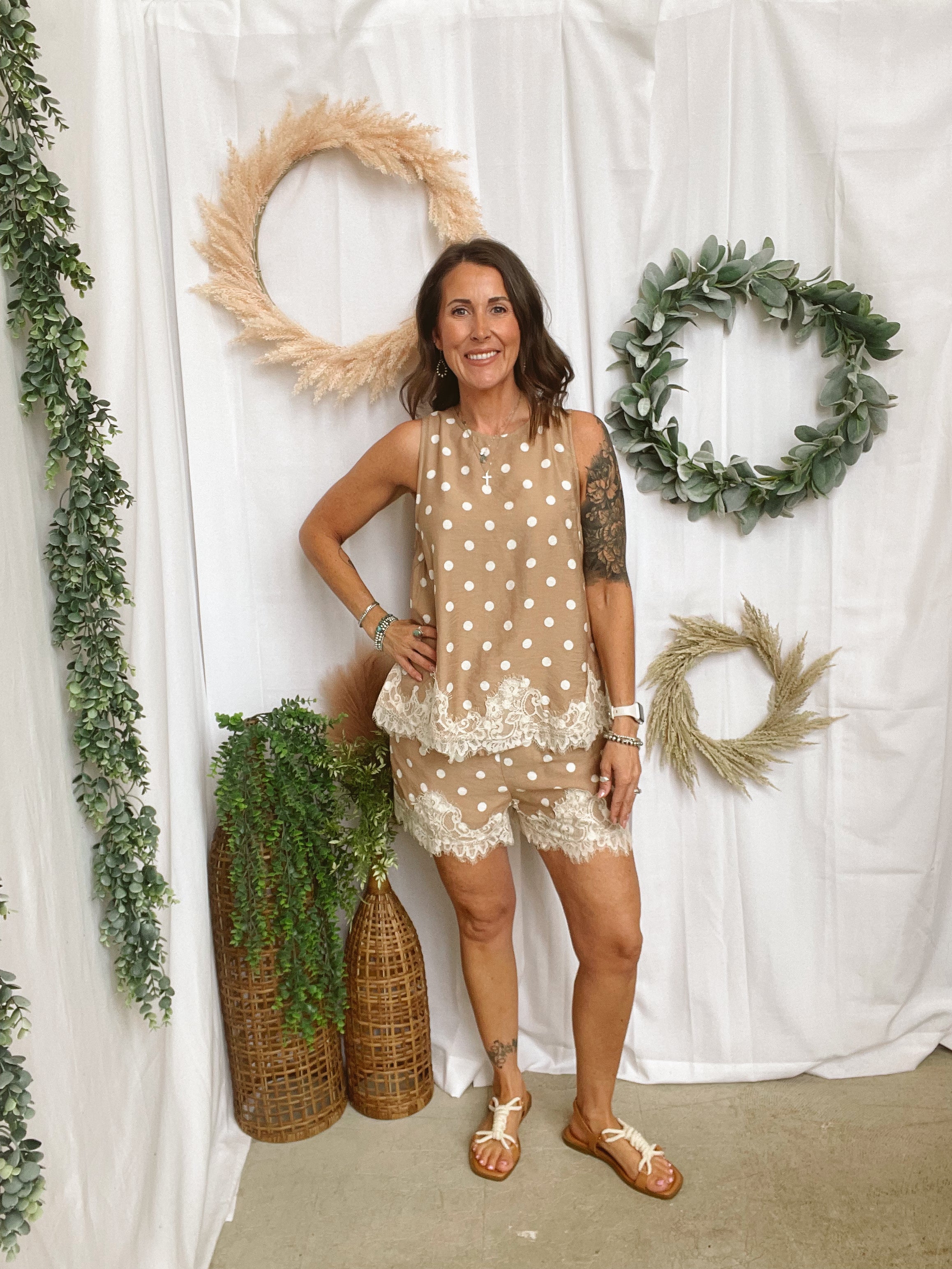 Leslie Polk Dot Tank Top-Latte-Tank Tops-ENTRO-The Silo Boutique, Women's Fashion Boutique Located in Warren and Grand Forks North Dakota