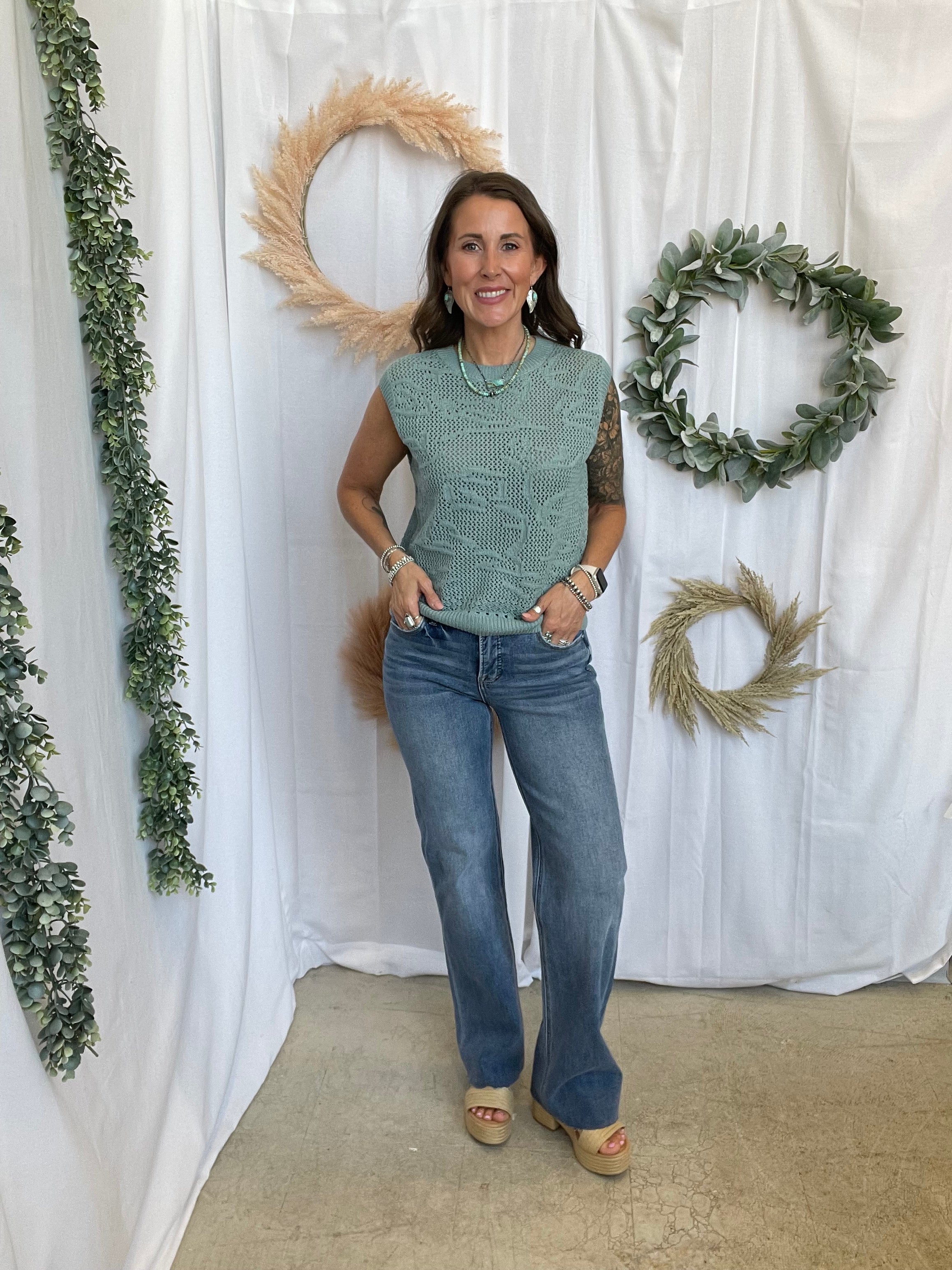 Teal Flora Crochet Sweater Top-Tank Tops-be cool-The Silo Boutique, Women's Fashion Boutique Located in Warren and Grand Forks North Dakota