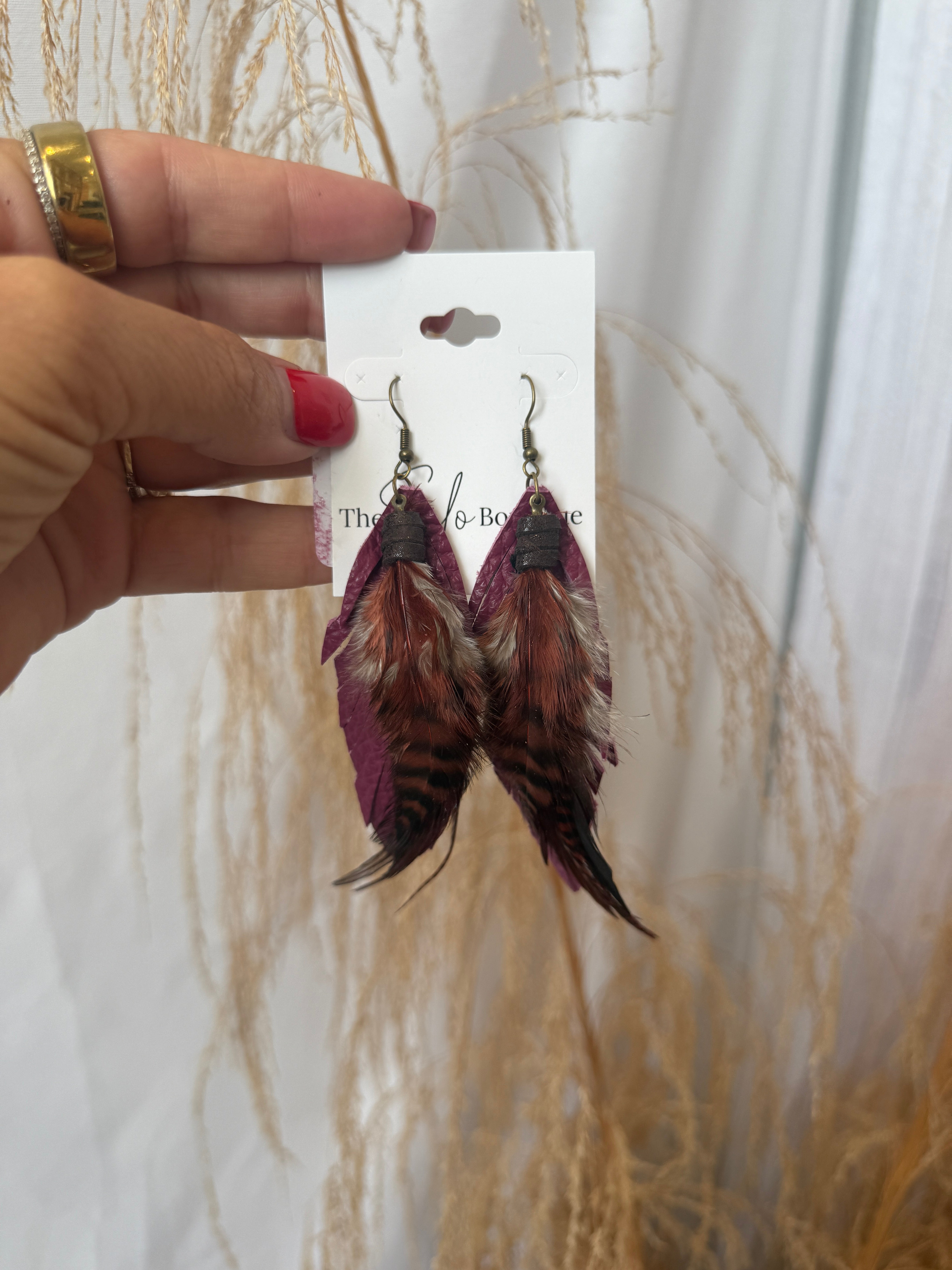 Clancy Feather Earrings-Merlot-Earrings-fringe with faith-The Silo Boutique, Women's Fashion Boutique Located in Warren and Grand Forks North Dakota