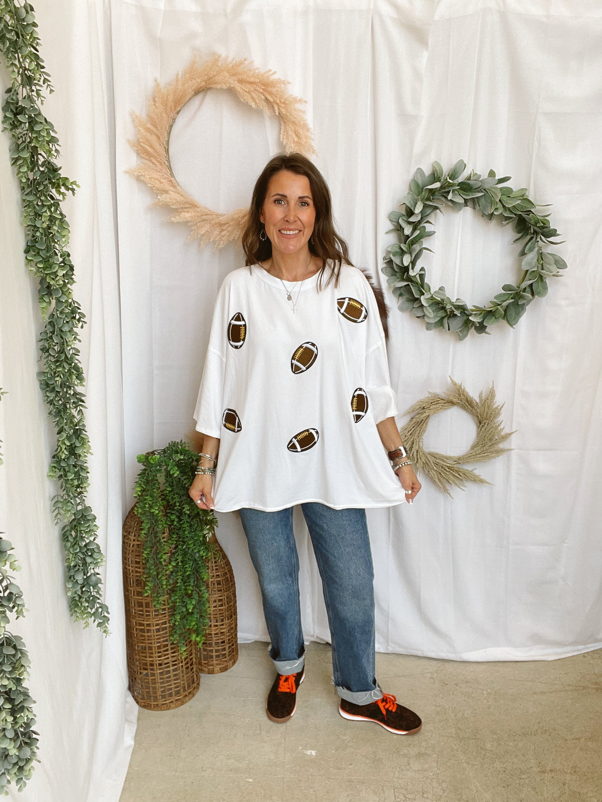 Football Patch Game Day Oversized Tee-White-Graphic Tees-sewn and seen-The Silo Boutique, Women's Fashion Boutique Located in Warren and Grand Forks North Dakota