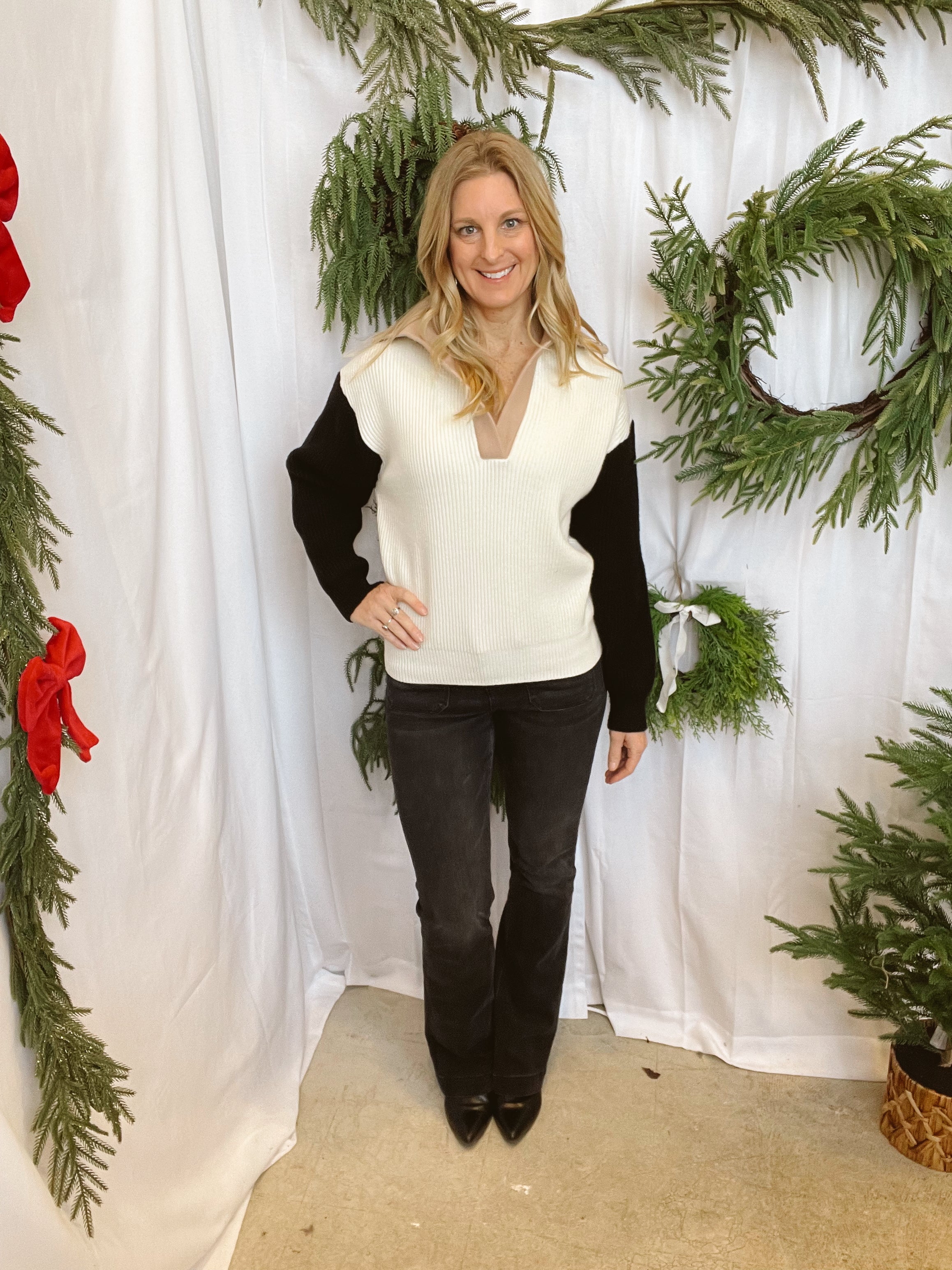 Cream Colorblock Collar Sweater-Cardigans-blu pepper-The Silo Boutique, Women's Fashion Boutique Located in Warren and Grand Forks North Dakota