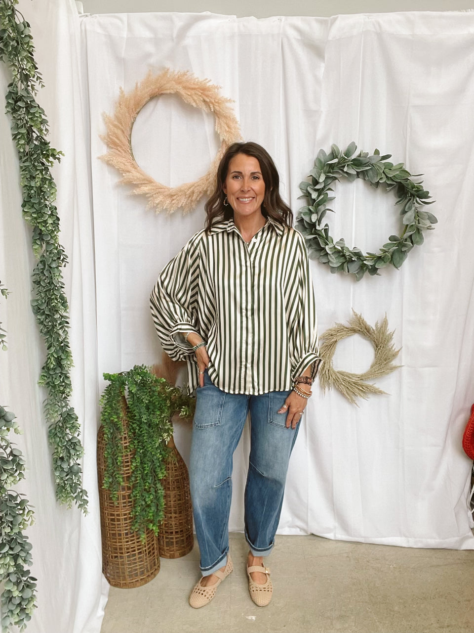 Glam Stripe Button Down Top-Olive-Tank Tops-glam-The Silo Boutique, Women's Fashion Boutique Located in Warren and Grand Forks North Dakota