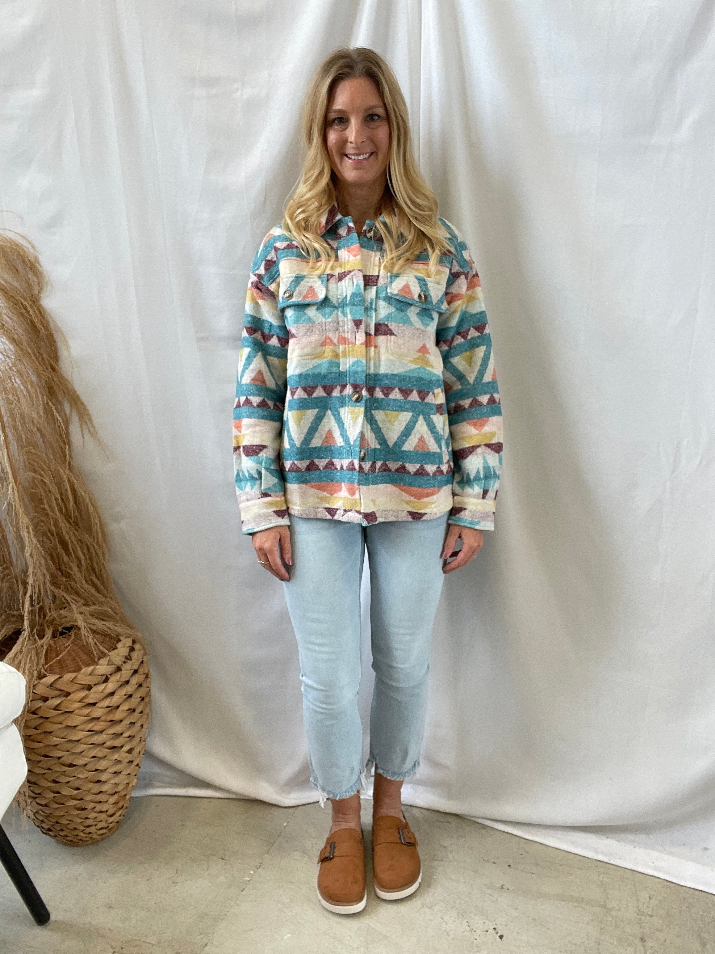 Emerald Mix Aztec Shacket-Shackets-mystree-The Silo Boutique, Women's Fashion Boutique Located in Warren and Grand Forks North Dakota