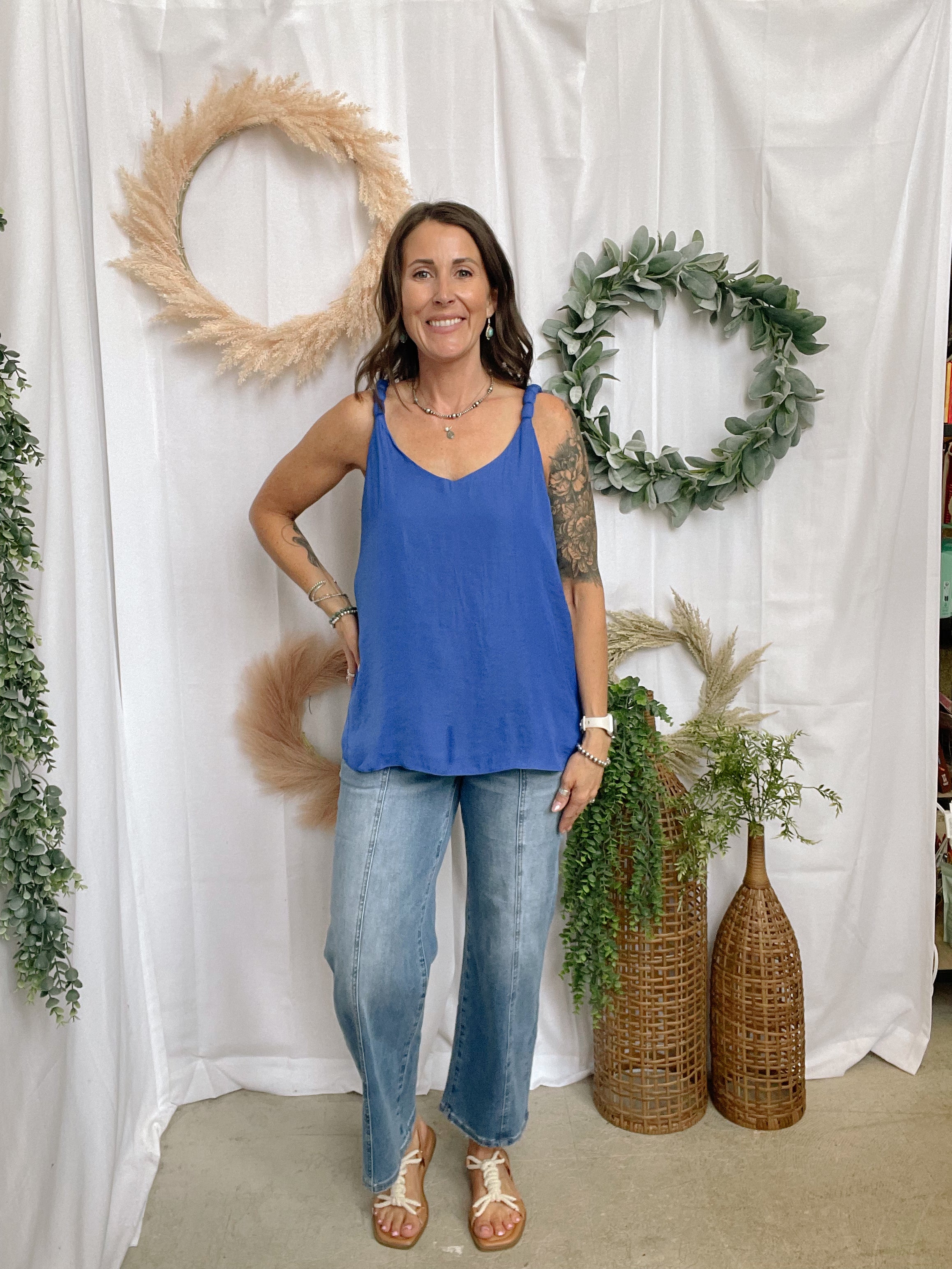 Bubble Braided Strap Tank Top-Blue-Tank Tops-pink zebra-The Silo Boutique, Women's Fashion Boutique Located in Warren and Grand Forks North Dakota