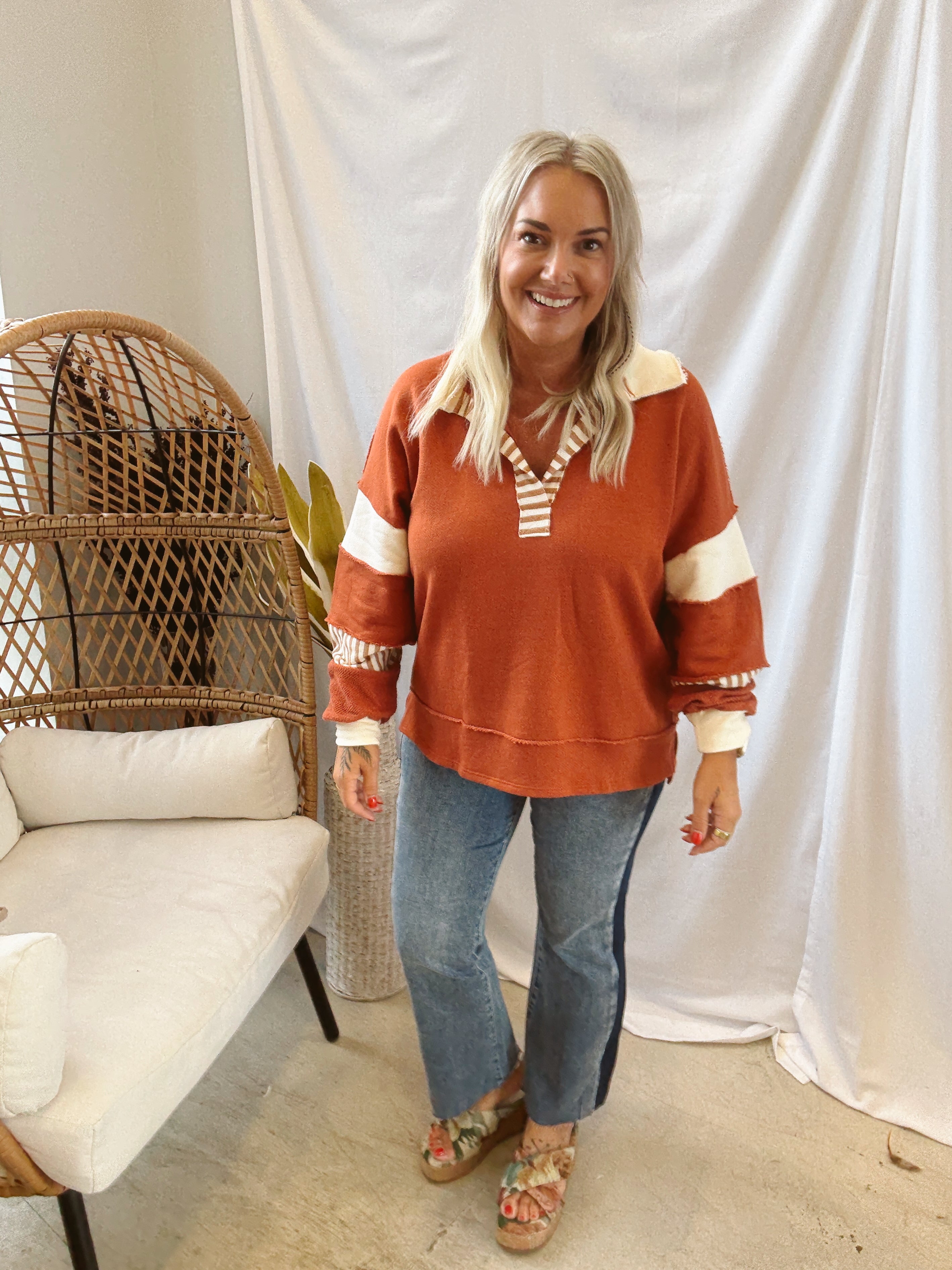 Rust Collared Oversized Sweatshirt-Final Sale-Long Sleeve Tops-bucketlist-The Silo Boutique, Women's Fashion Boutique Located in Warren and Grand Forks North Dakota